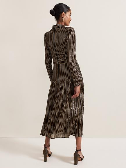 Phase Eight Gloria Sequin Stripe Drop Waist Midi Dress, Black/Gold - view 2, Black/Gold