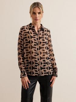Phase Eight Cora Chain Print Semi-Sheer Shirt, Black/Camel, Black/Camel