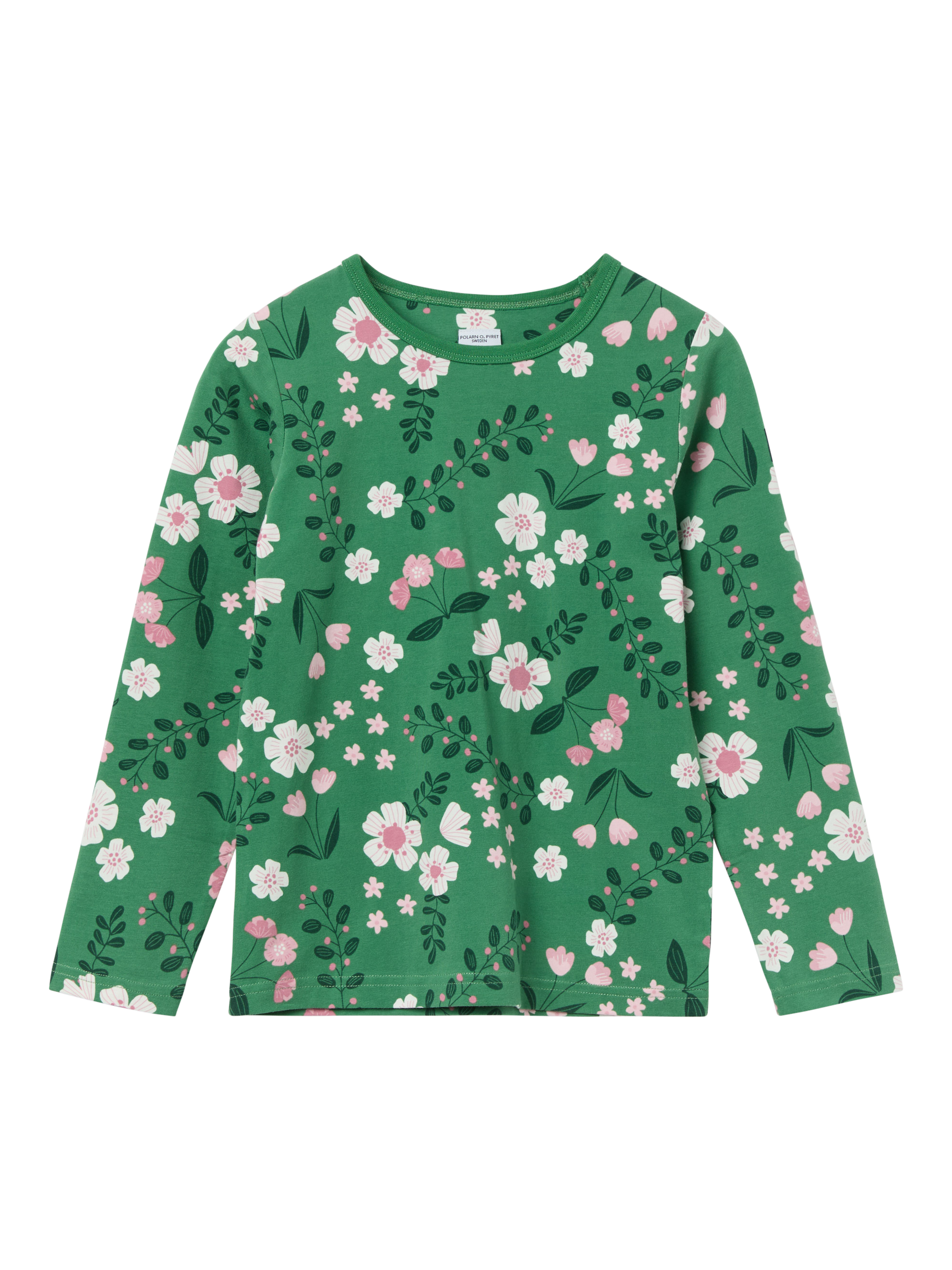 Polarn O. Pyret Kids' Organic Cotton Jersey Floral Top, Green/Multi