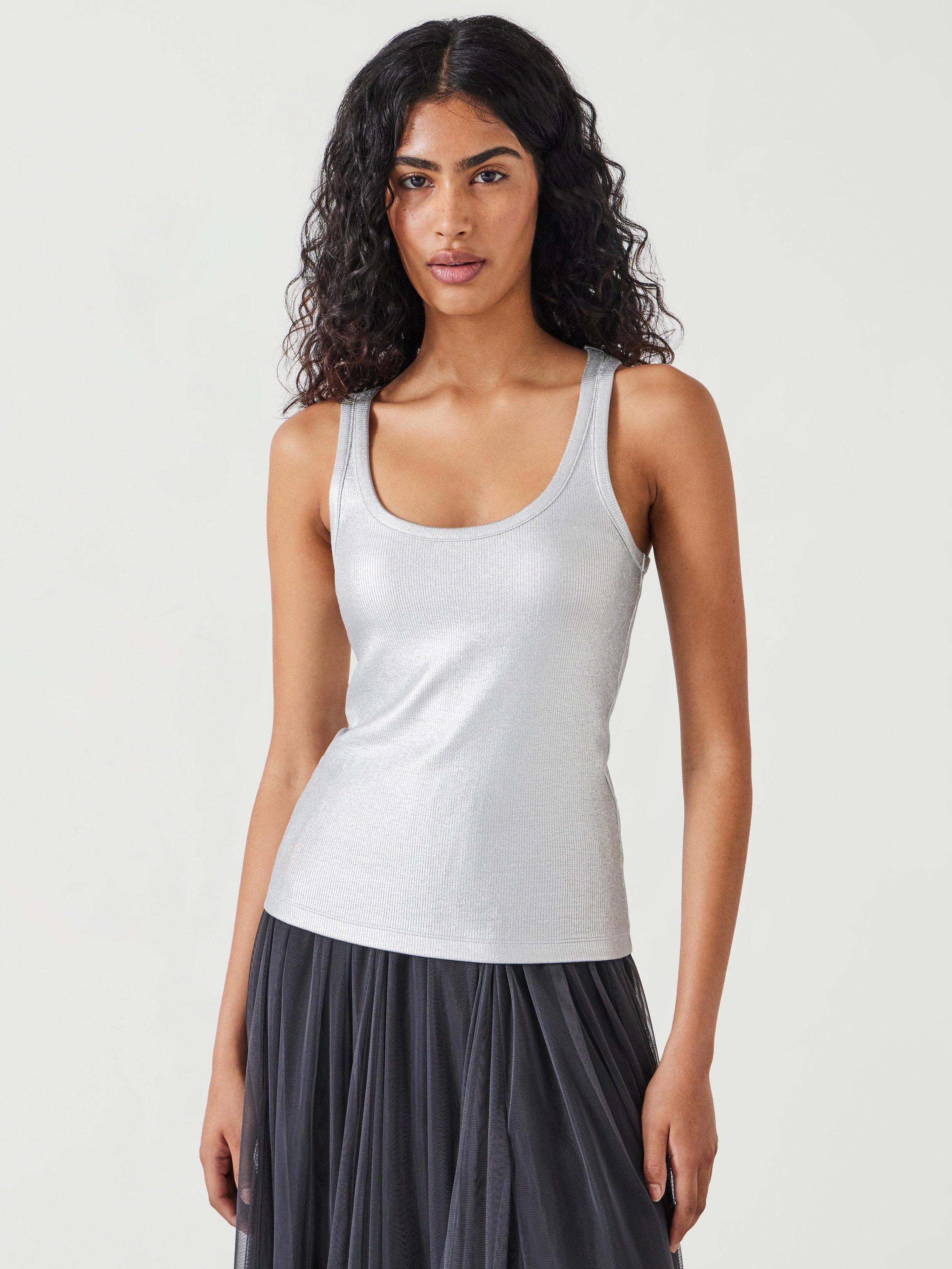 Product image 1 of 5, which shows HUSH Alyssa Metallic Rib Vest Top, Silver, XXS