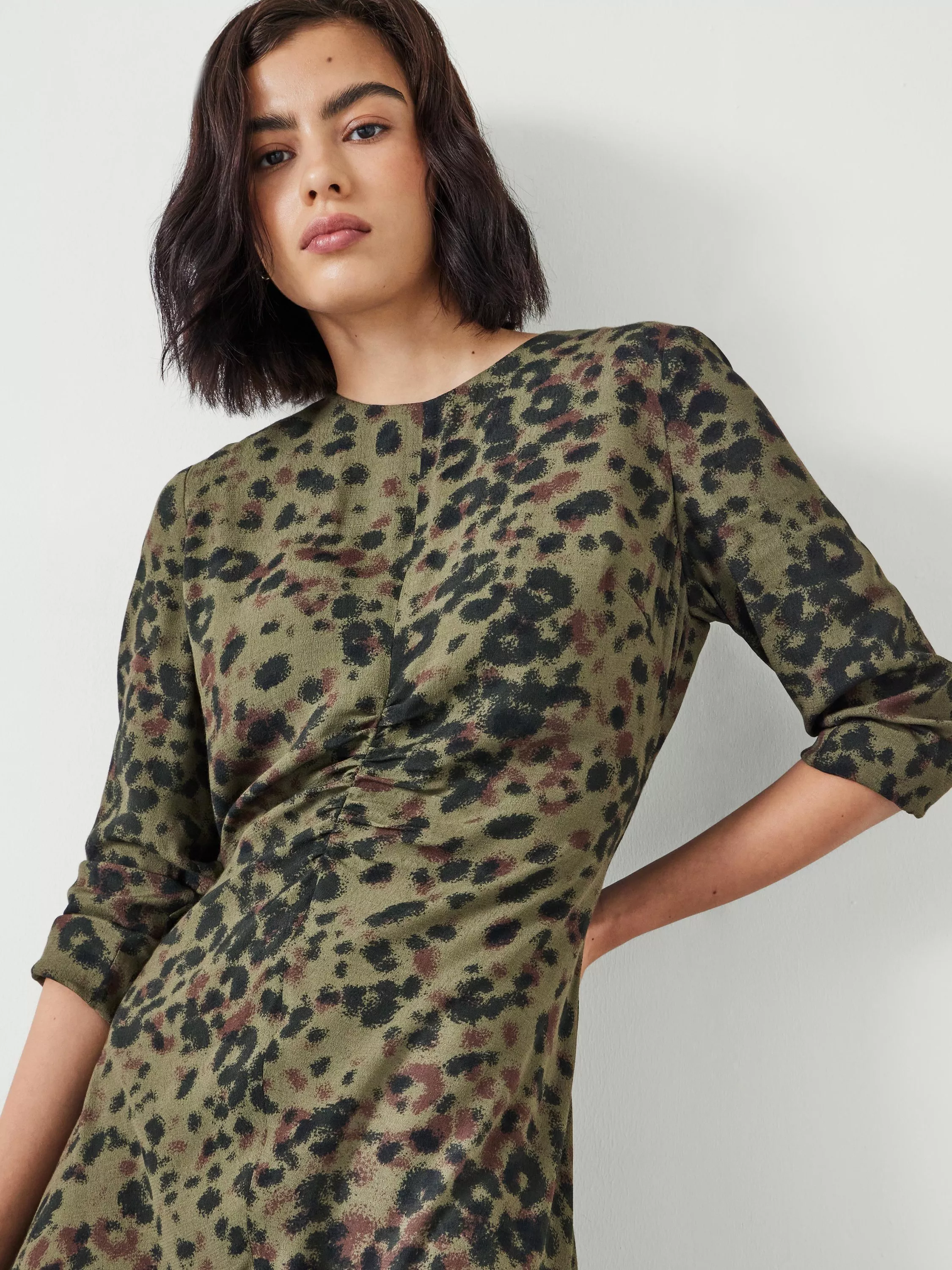 Ex HUSH Women's Sleeveless Animal Print Knot Waist Midi Dress – Khaki Green, V-Neck, Cotton Jersey