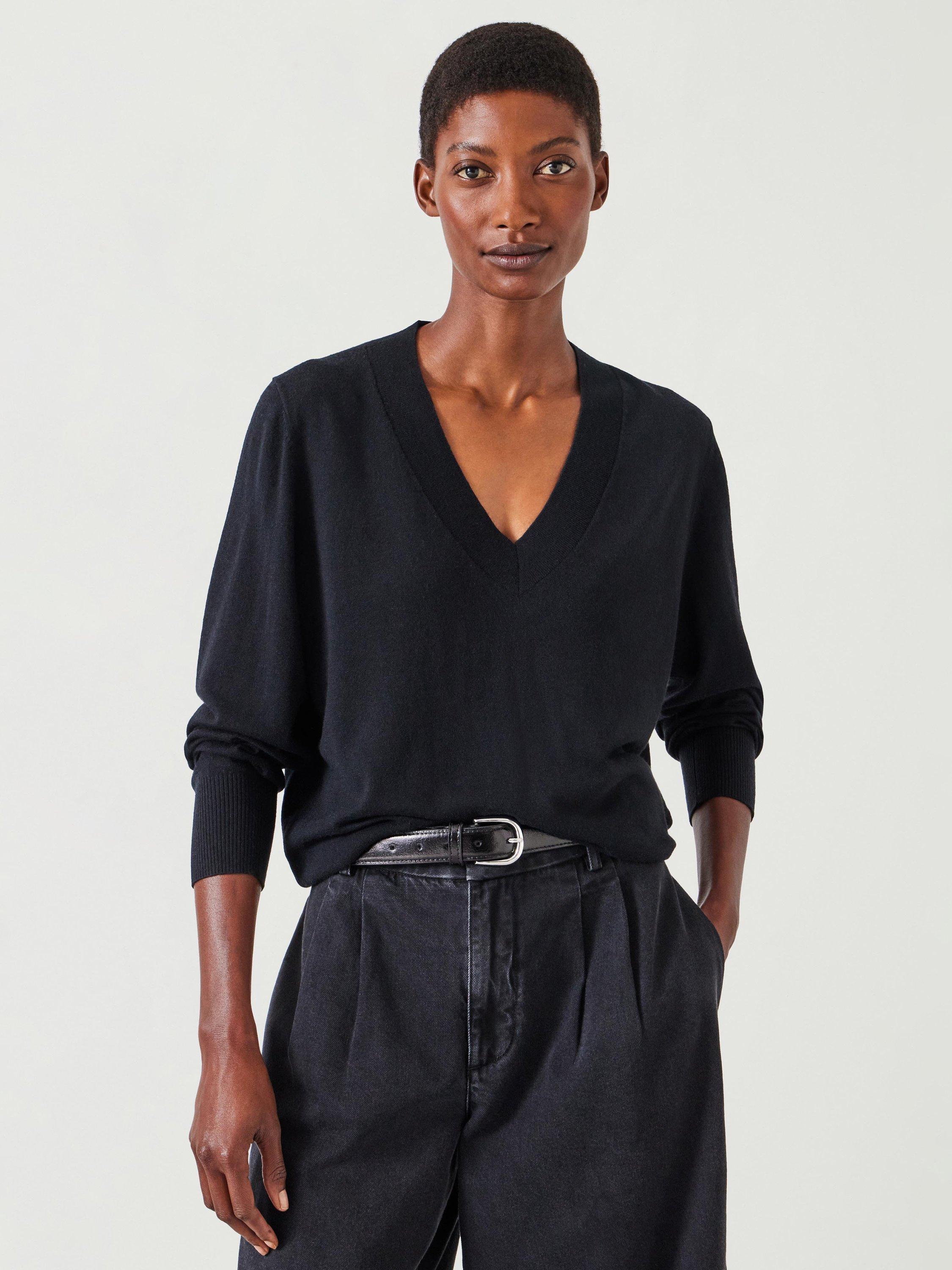 HUSH Lauren V-Neck Wool Blend Jumper, Black
