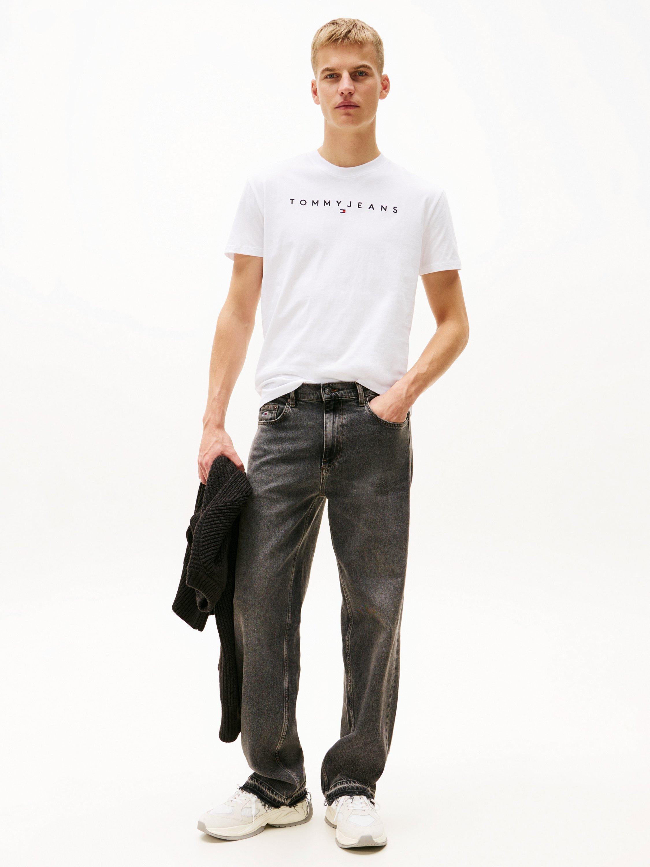 Product image 3 of 3, which shows Tommy Jeans Cotton Slim Fit Short Sleeve Linear Logo T-Shirt, White, XS