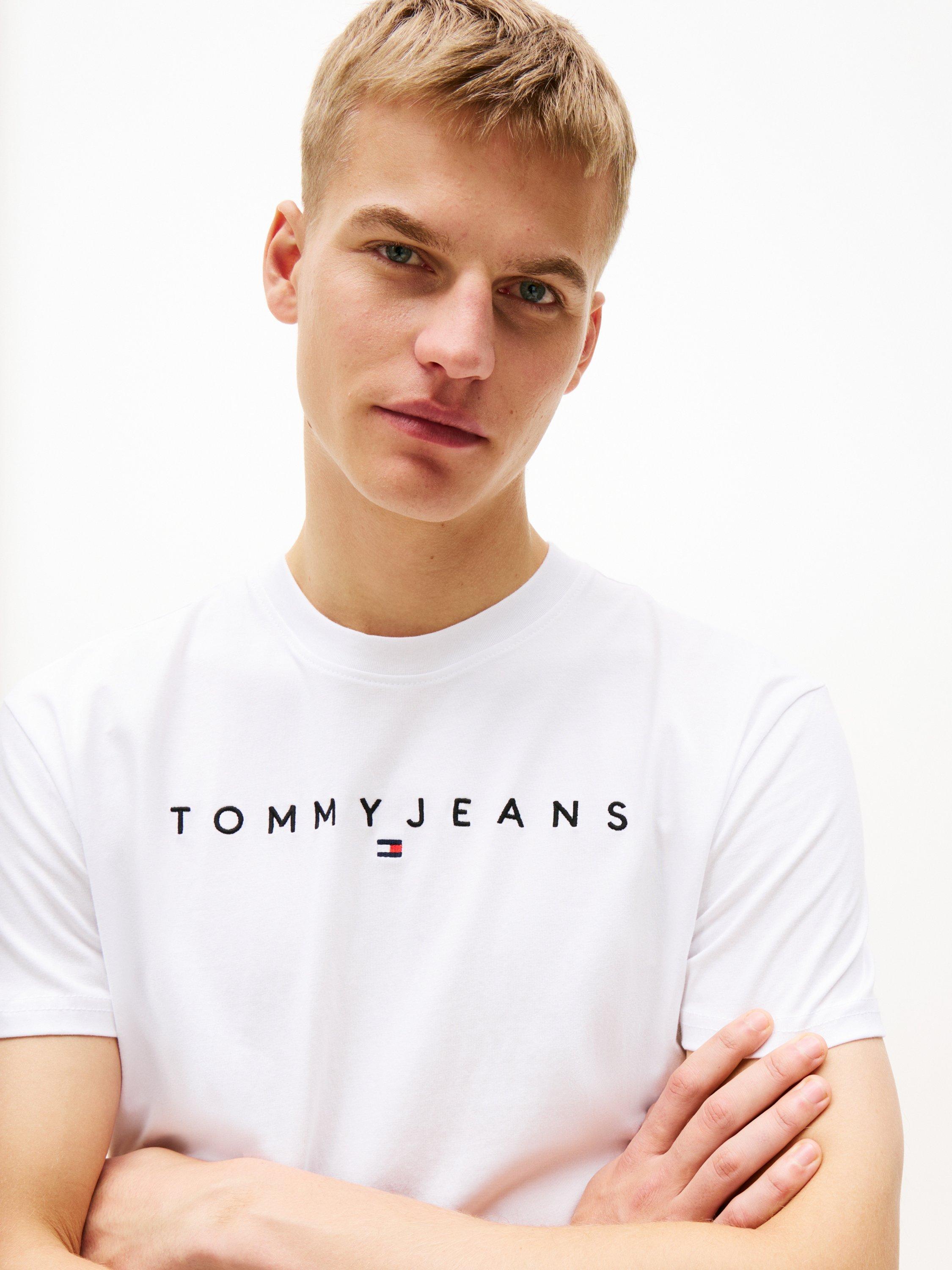 Product image 4 of 6, which shows Tommy Jeans Linear Logo Embroidery T-Shirt, White, XS