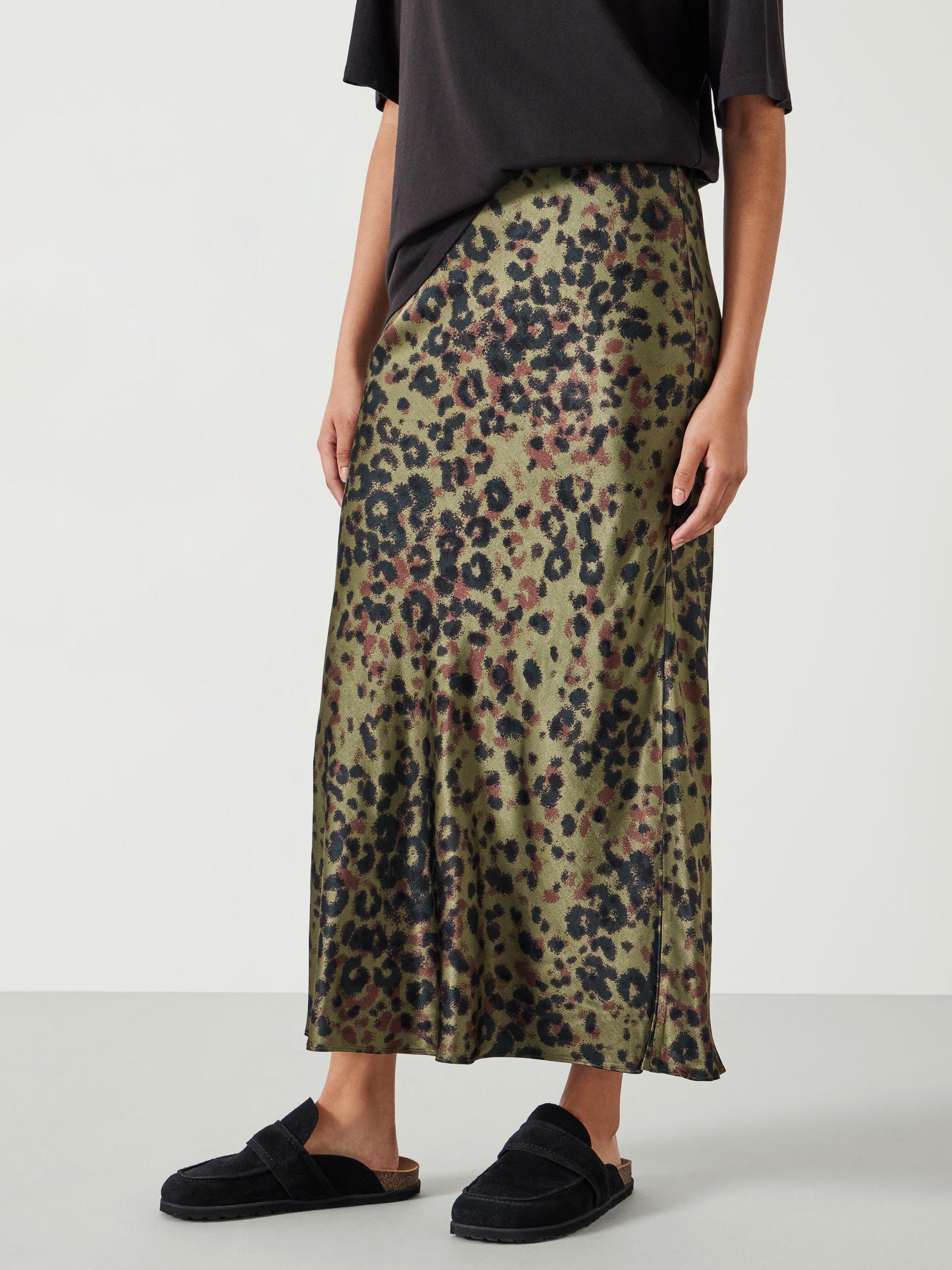 HUSH Simone Animal Print Slinky Midi Skirt Khaki