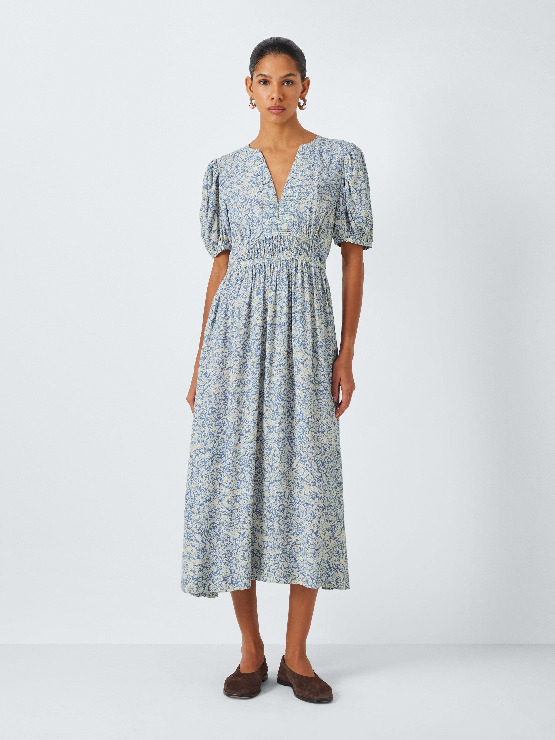 Product image 1 of 6, which shows John Lewis Short Sleeve Shirred Waist Floral Print Midi Dress, Blue, 8