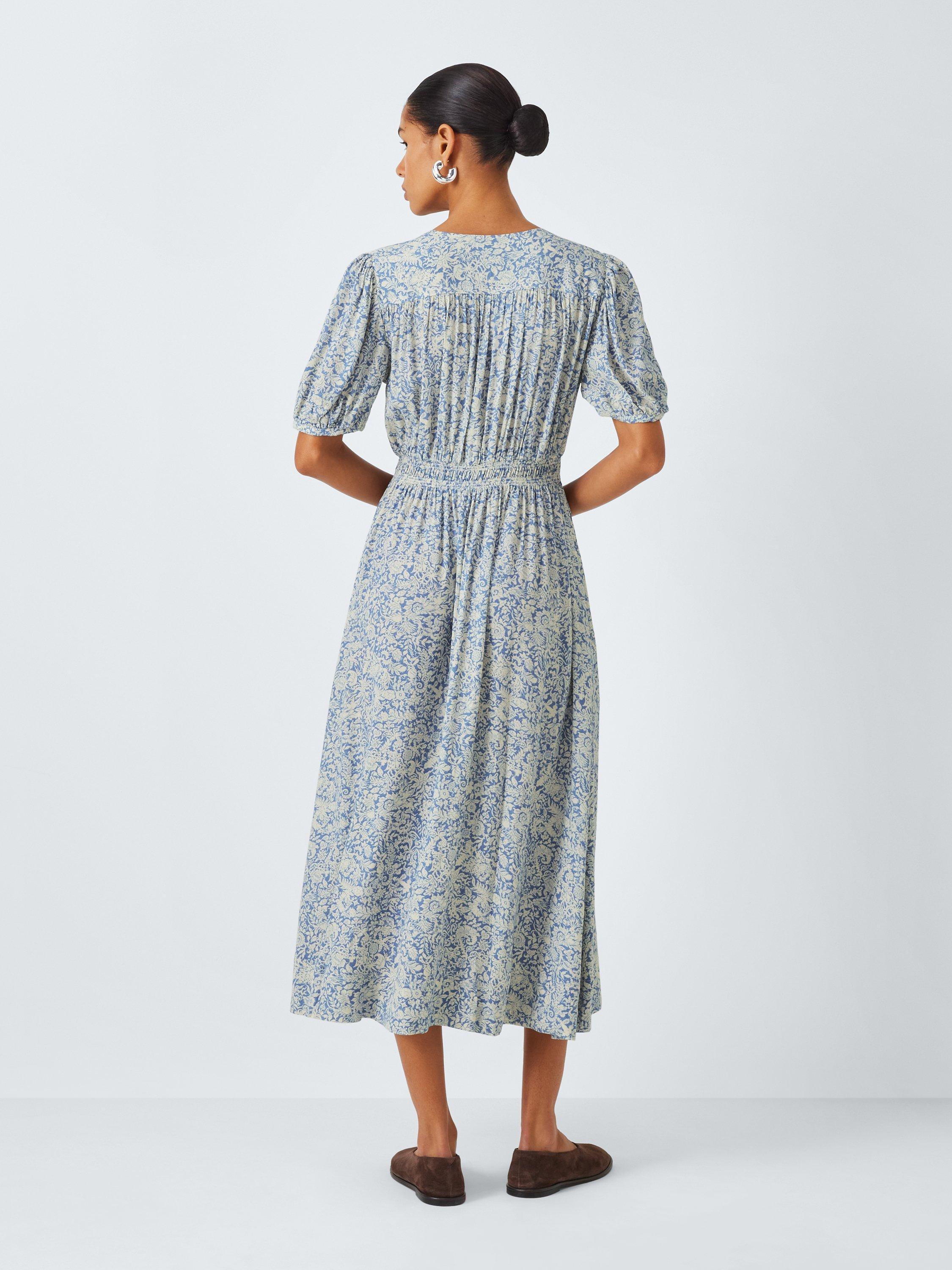 Product image 2 of 6, which shows John Lewis Short Sleeve Shirred Waist Floral Print Midi Dress, Blue, 8