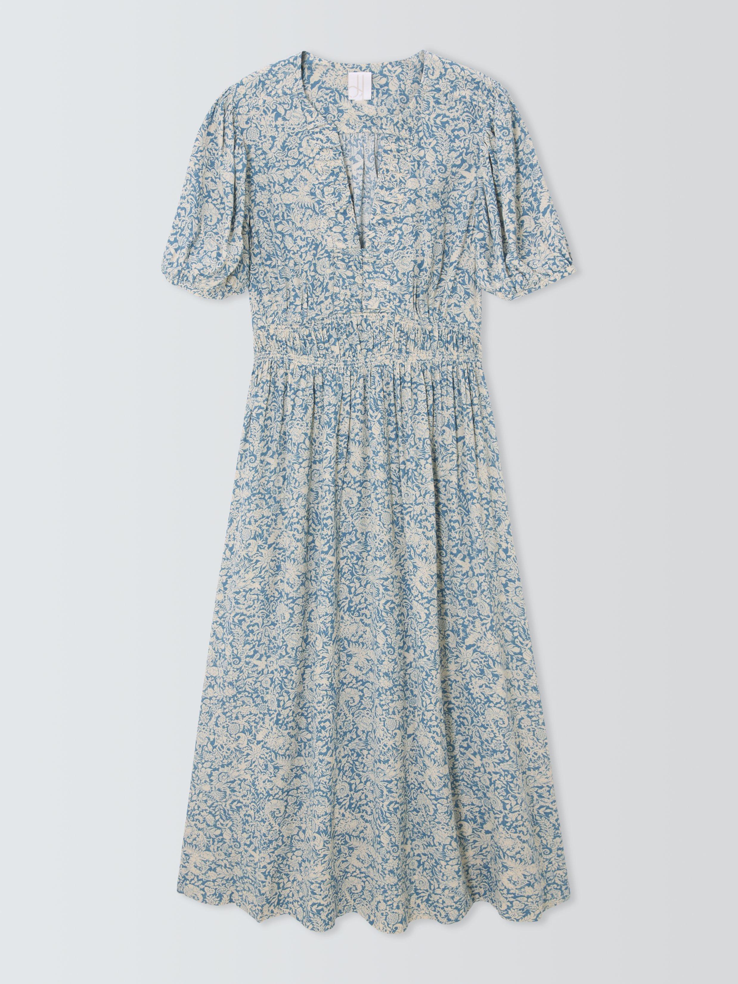Product image 4 of 6, which shows John Lewis Short Sleeve Shirred Waist Floral Print Midi Dress, Blue, 8