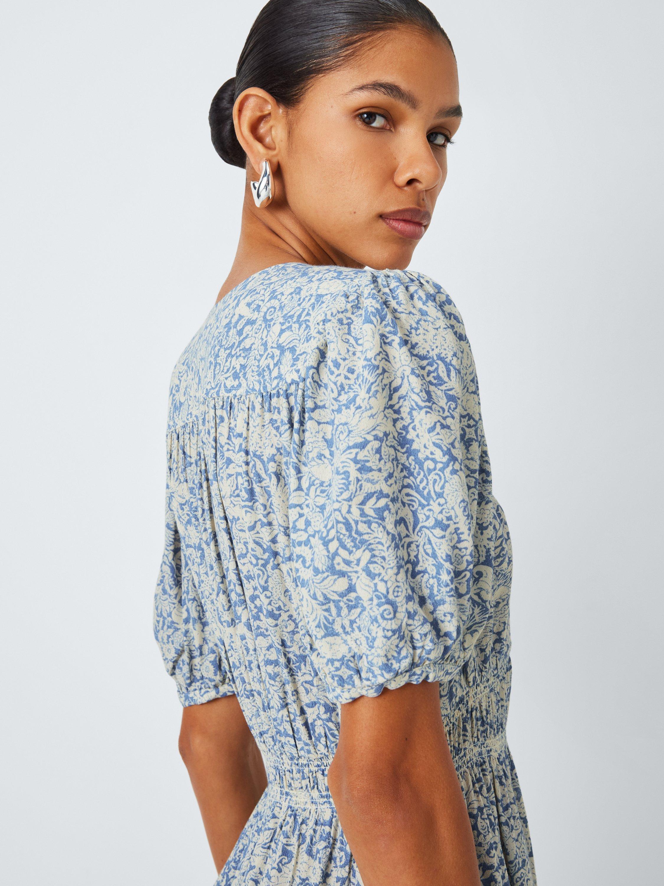 Product image 5 of 6, which shows John Lewis Short Sleeve Shirred Waist Floral Print Midi Dress, Blue, 8