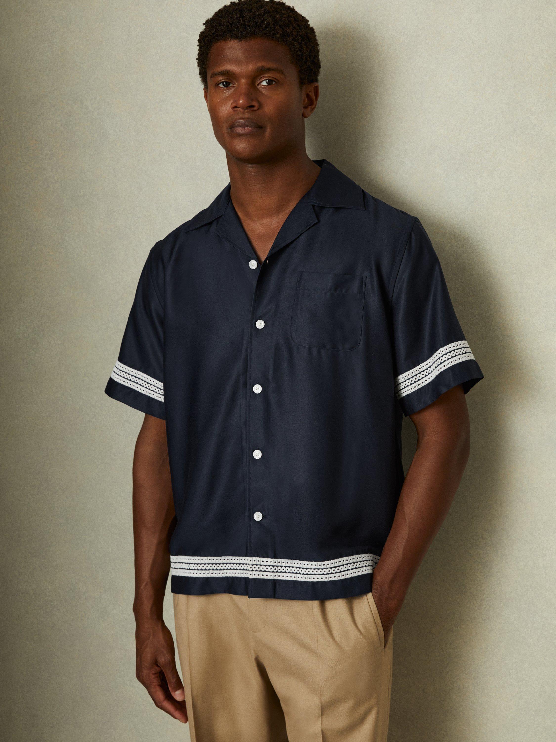 Reiss Sharday Embroidered Trim Cuban Collar Shirt, Navy/White