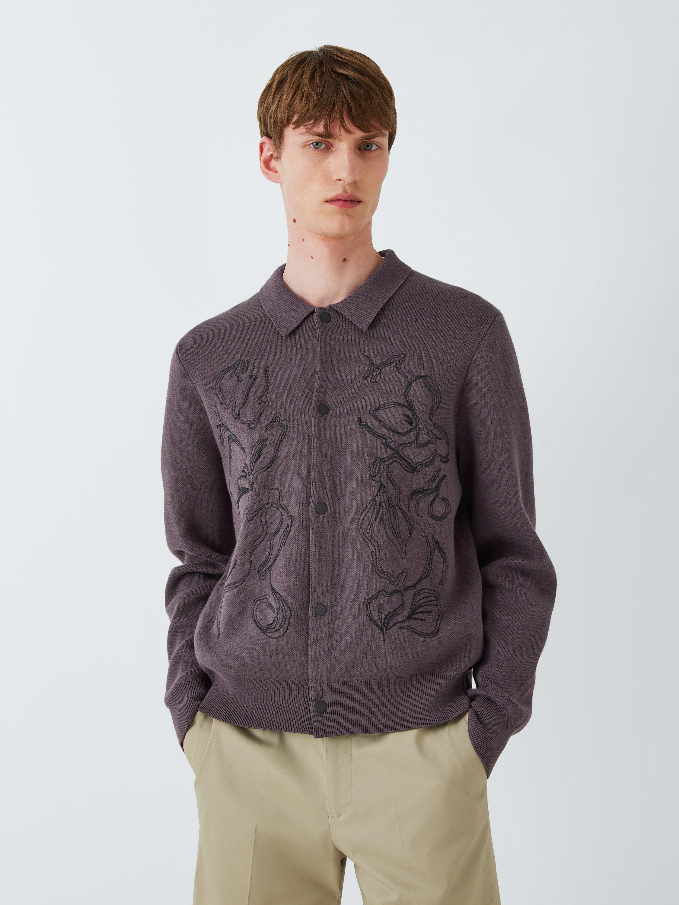 Product image 1 of 6, which shows Kin Floral Embroidered Cotton Knit Shirt, Shale, S