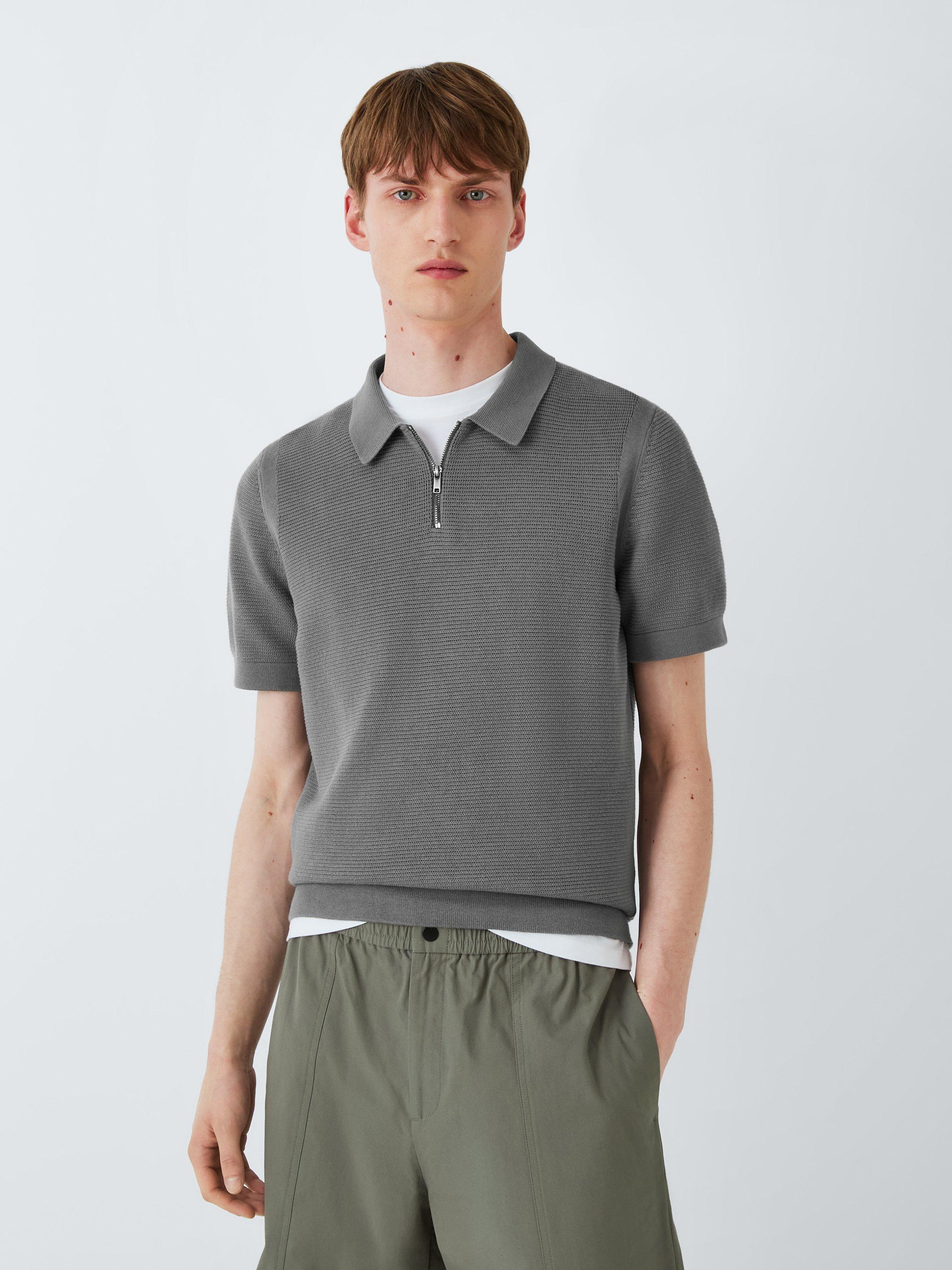 Product image 1 of 6, which shows Kin Short Sleeve Textured Cotton Knit Polo Neck Jumper, Castor Grey, S