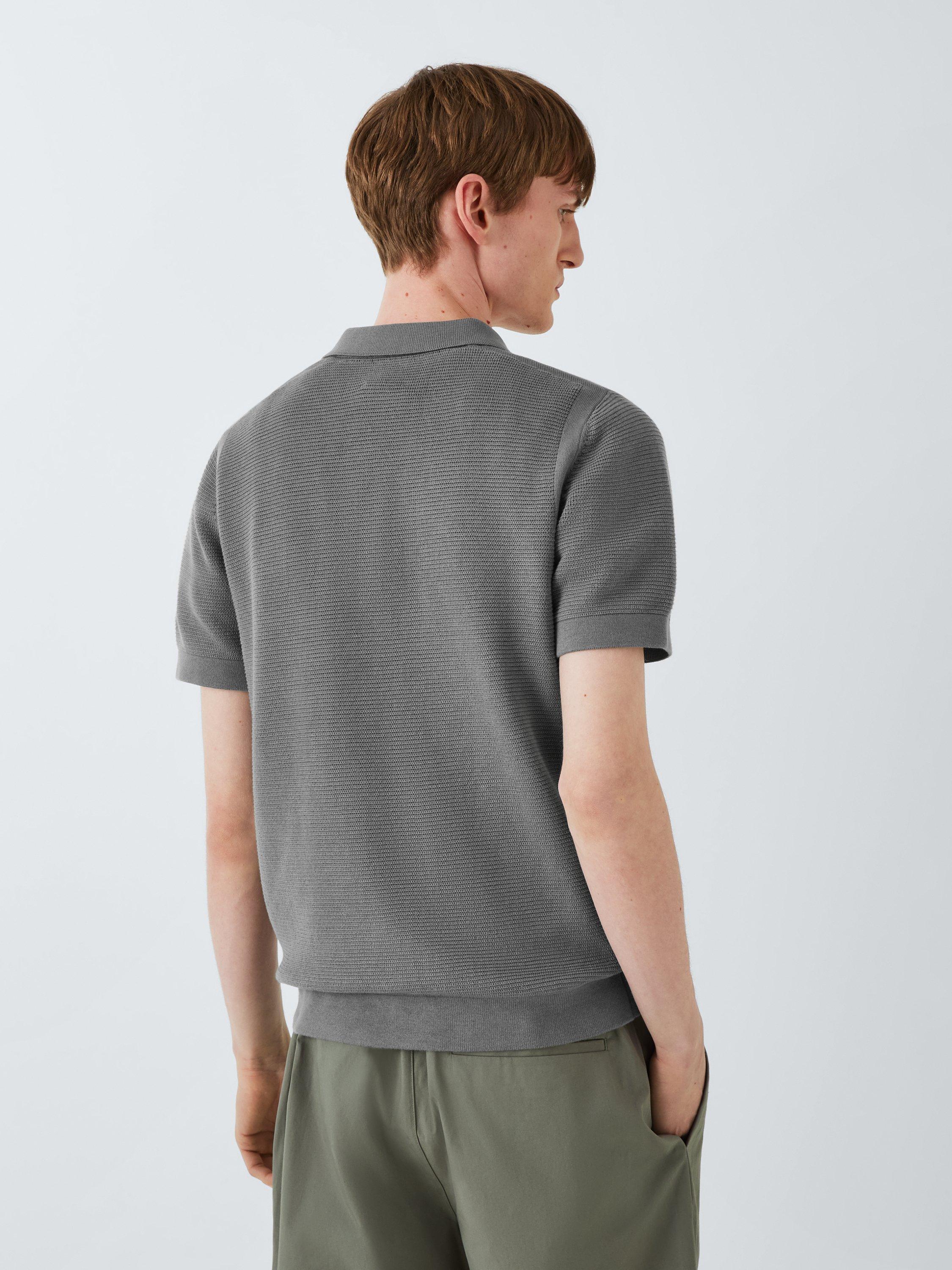 Product image 2 of 6, which shows Kin Short Sleeve Textured Cotton Knit Polo Neck Jumper, Castor Grey, S