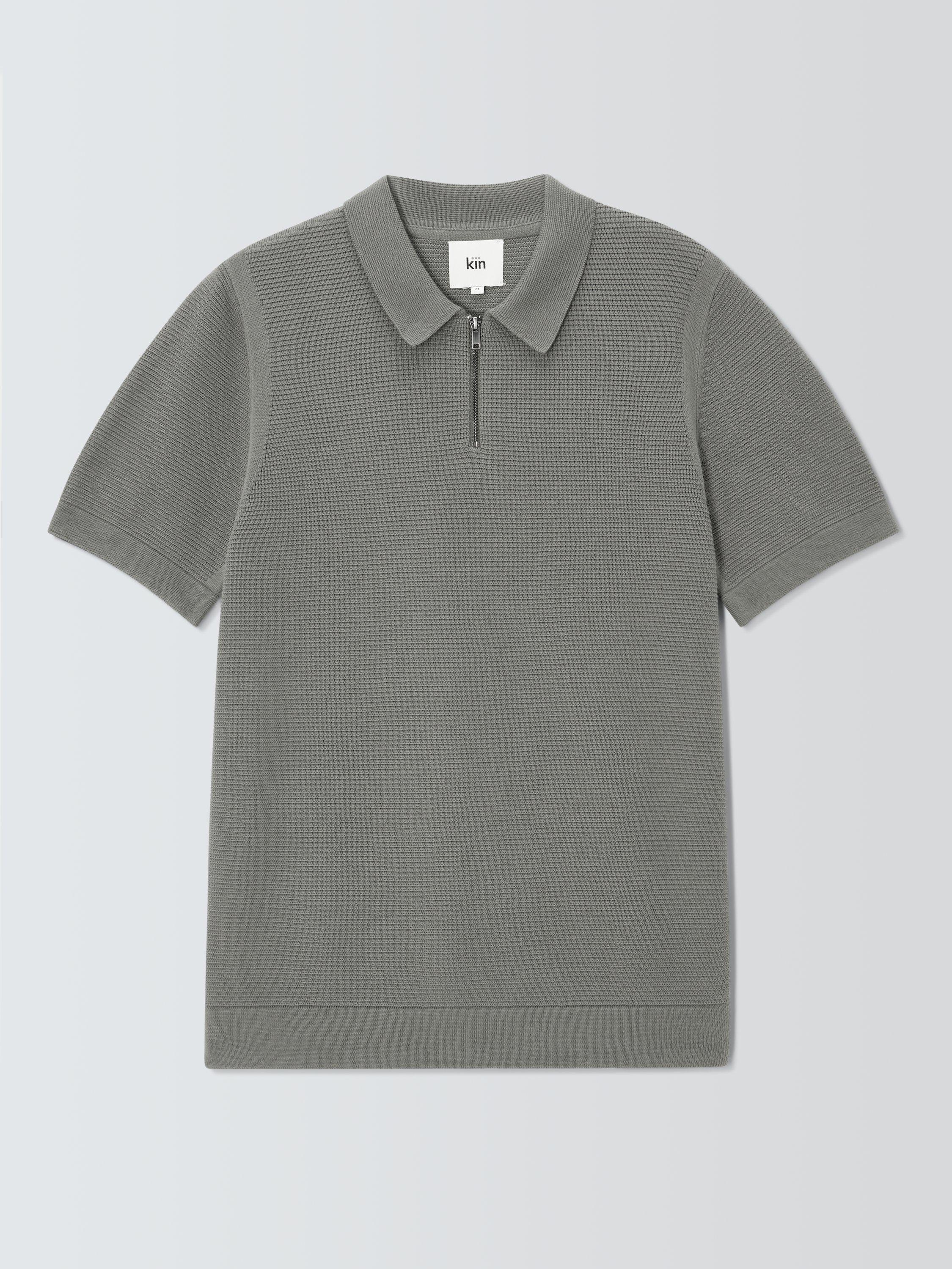 Product image 4 of 6, which shows Kin Short Sleeve Textured Cotton Knit Polo Neck Jumper, Castor Grey, S