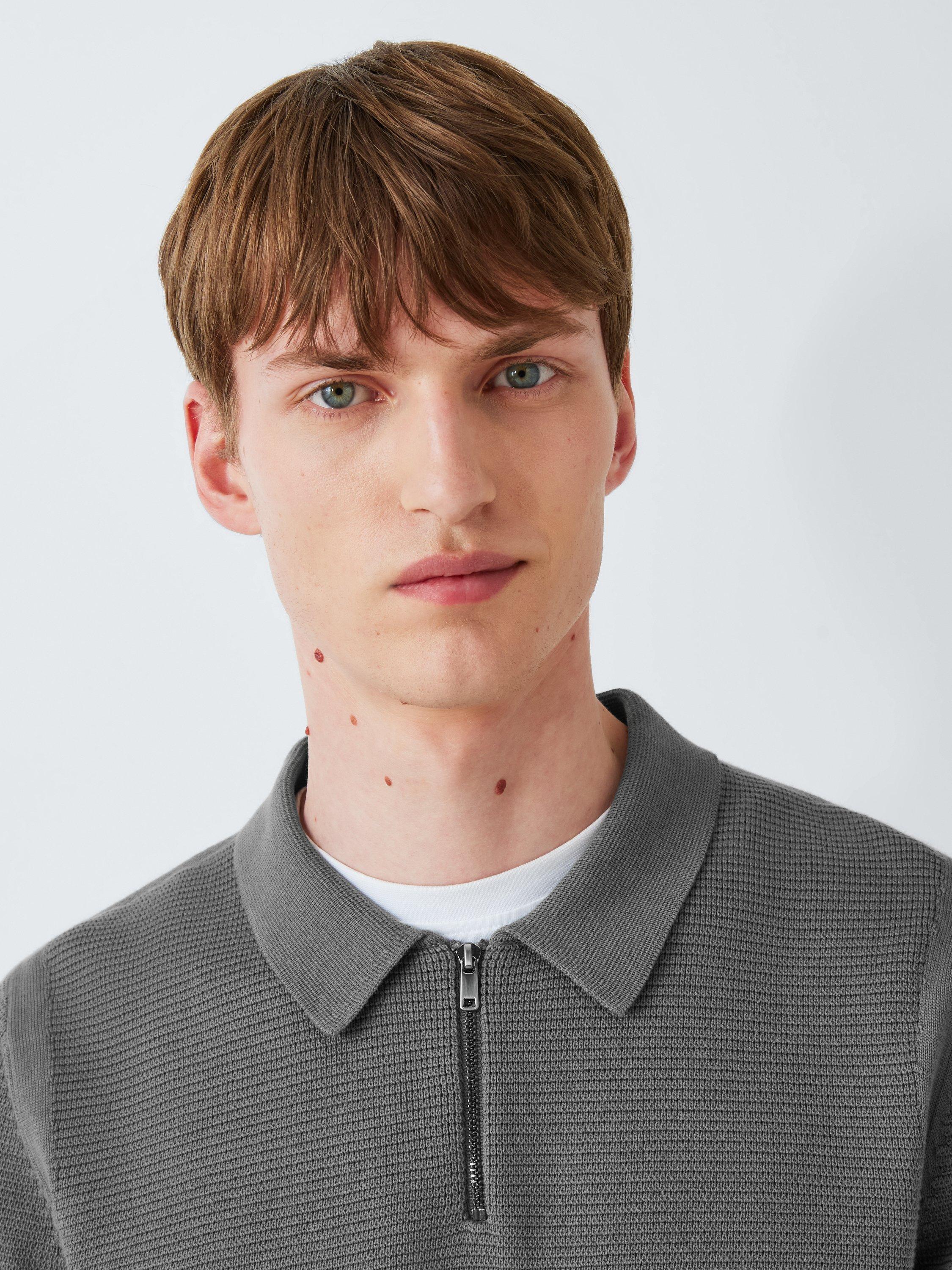 Product image 5 of 6, which shows Kin Short Sleeve Textured Cotton Knit Polo Neck Jumper, Castor Grey, S