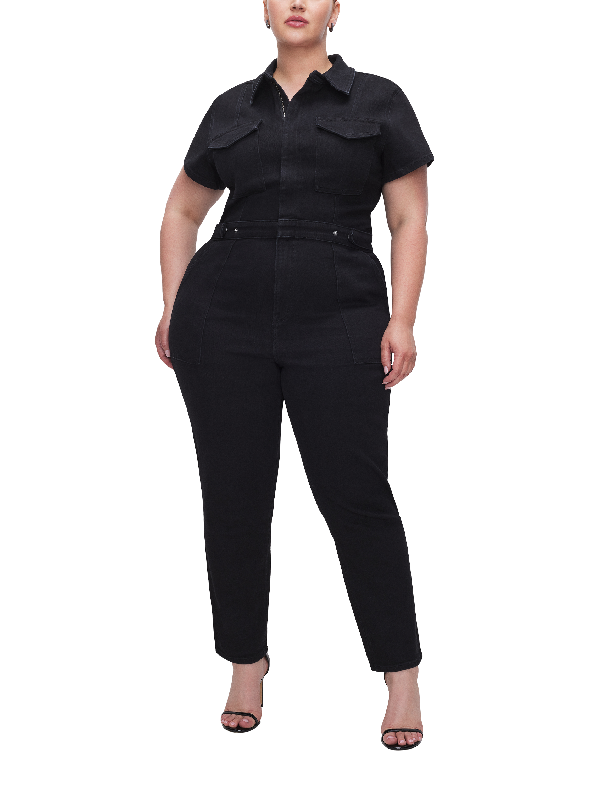 Product image 1 of 3, which shows Good American Fit For Success Denim Jumpsuit, Black, XS