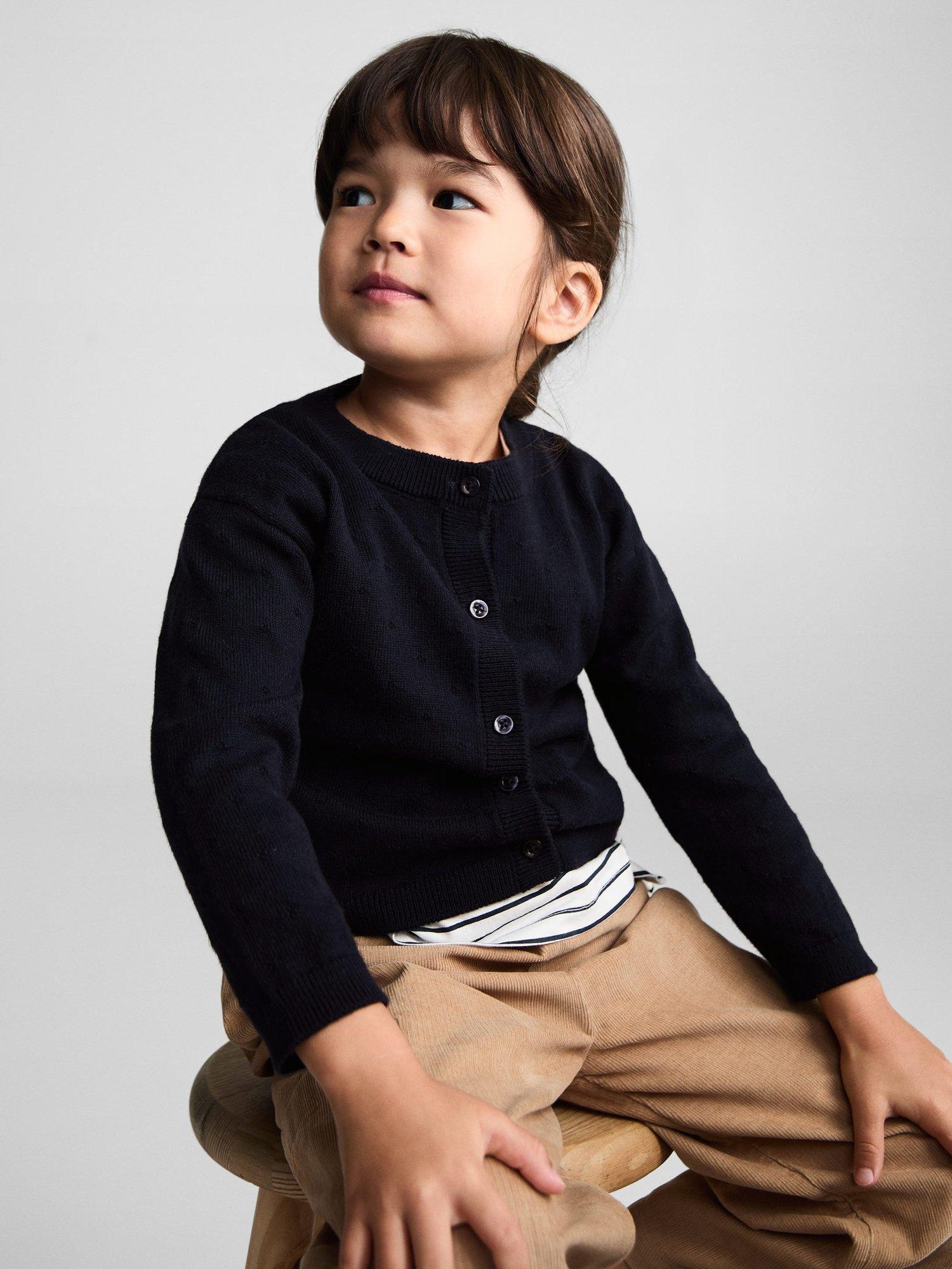 Product image 1 of 7, which shows Mango Kids' Sally Fine Knit Cardigan, Navy, 12-18 months