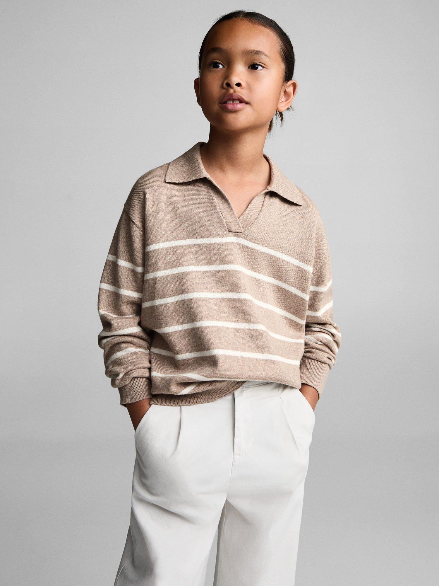 Product image 1 of 7, which shows Mango Kids' Katie Polo Collar Stripe Jumper, Lt Pastel Brown, 5-6 years