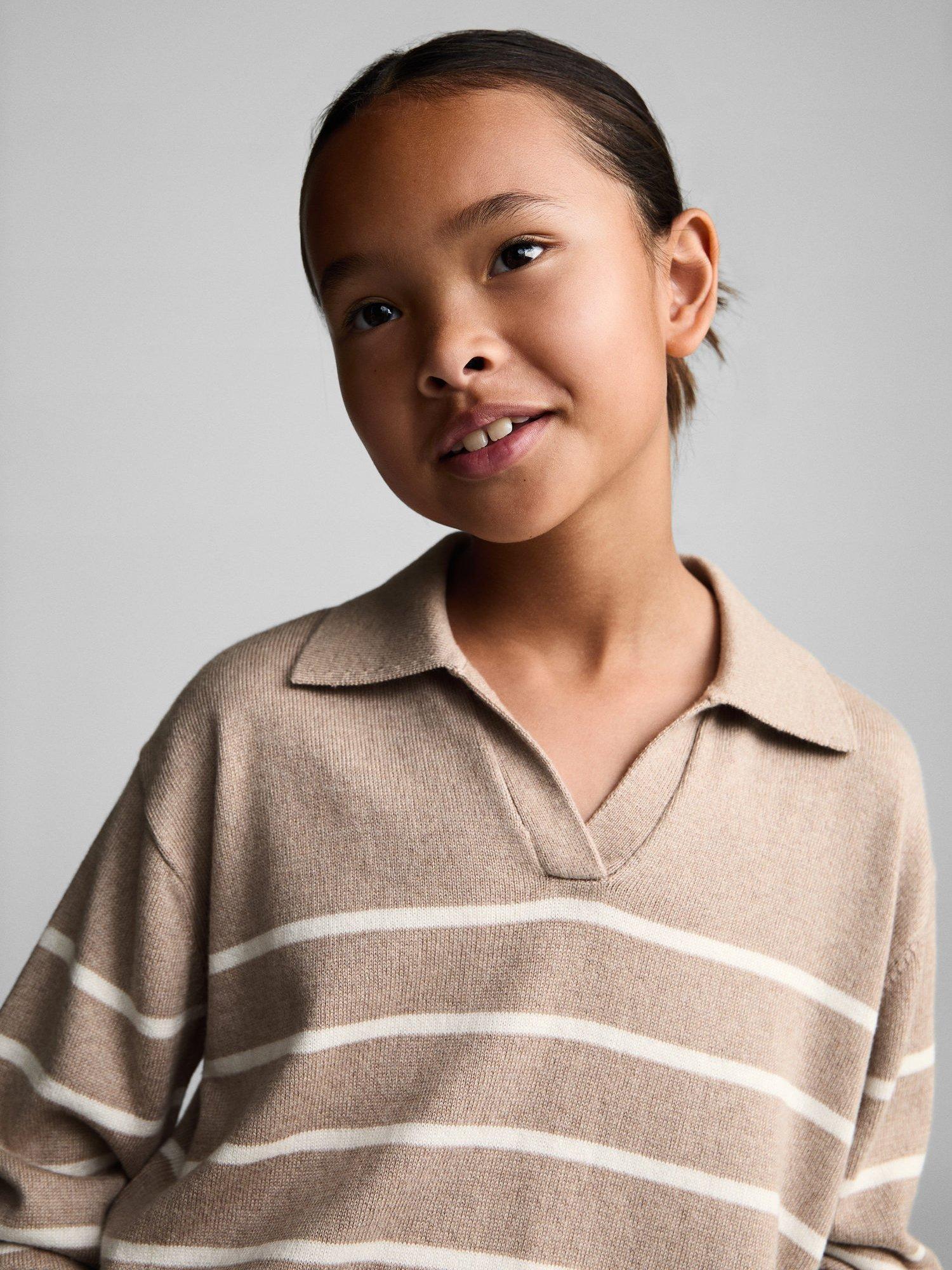Product image 6 of 7, which shows Mango Kids' Katie Polo Collar Stripe Jumper, Lt Pastel Brown, 5-6 years