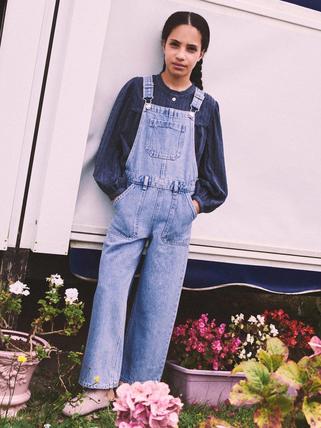 Mango Kids' Isla Long Denim Dungarees, Blue