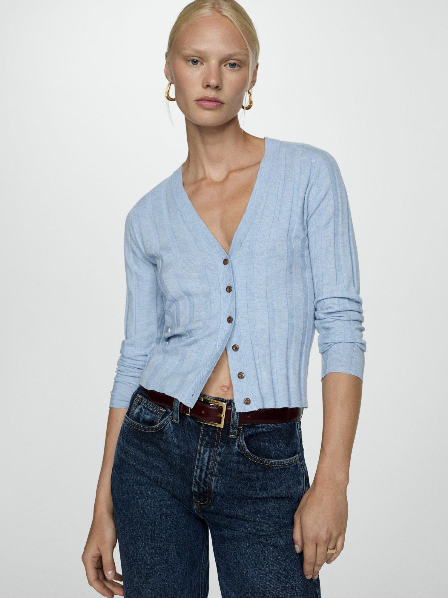 Mango Flurry Ribbed Cardigan, Pastel Blue