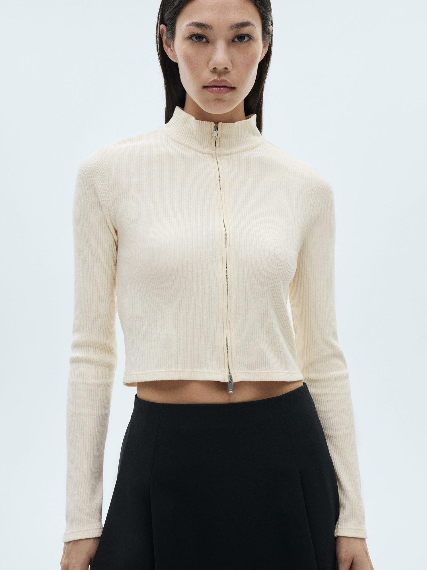 Mango Loreto Rib Knit Full Zip Cardigan, Cream