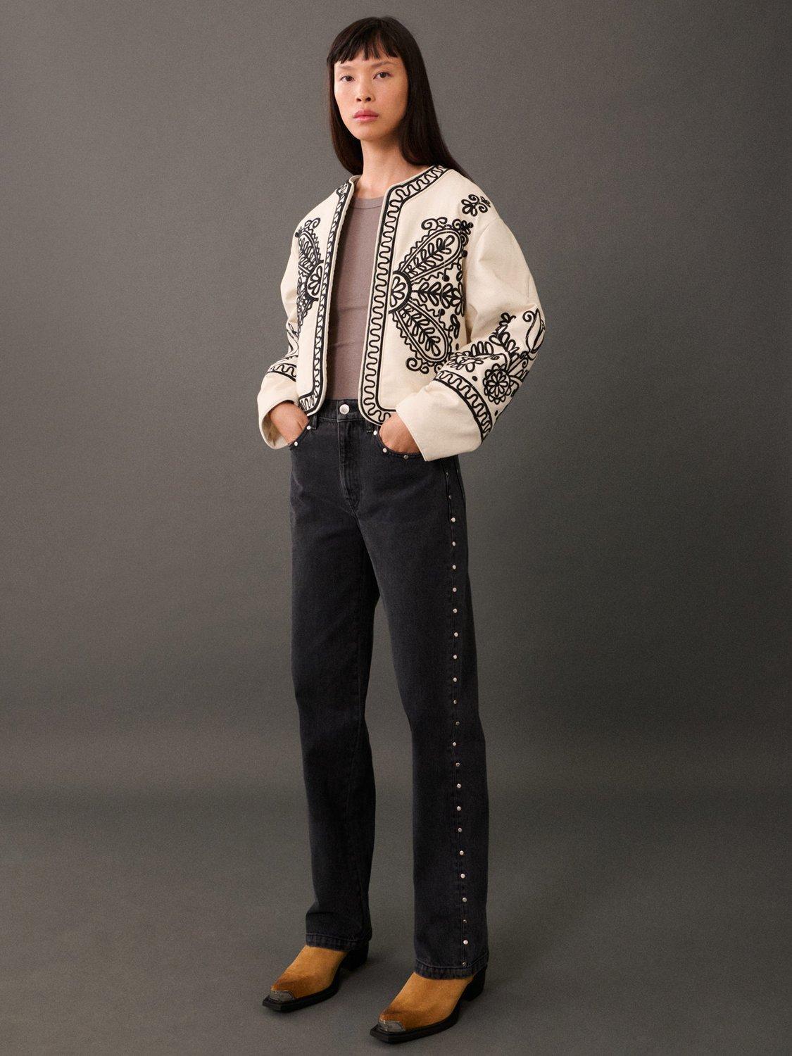 Mango Folk Contrast Embroidered Boxy Jacket, Cream/Black