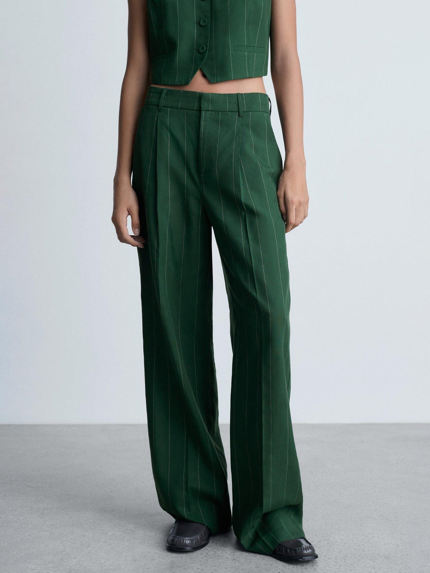 Product image 1 of 8, which shows Mango Boing Wide Leg Pinstripe Trousers, Green, 10