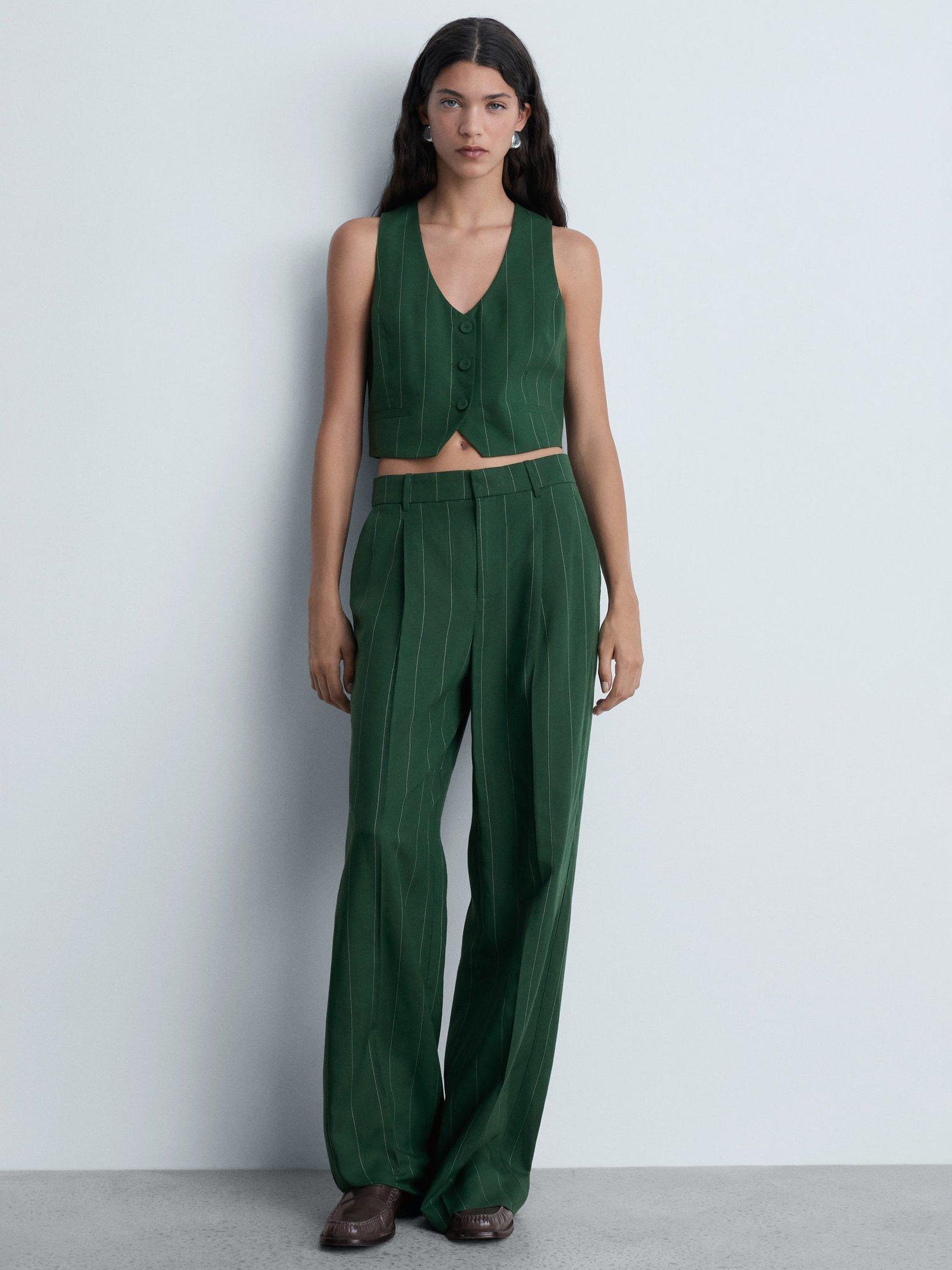 Product image 2 of 8, which shows Mango Boing Wide Leg Pinstripe Trousers, Green, 10