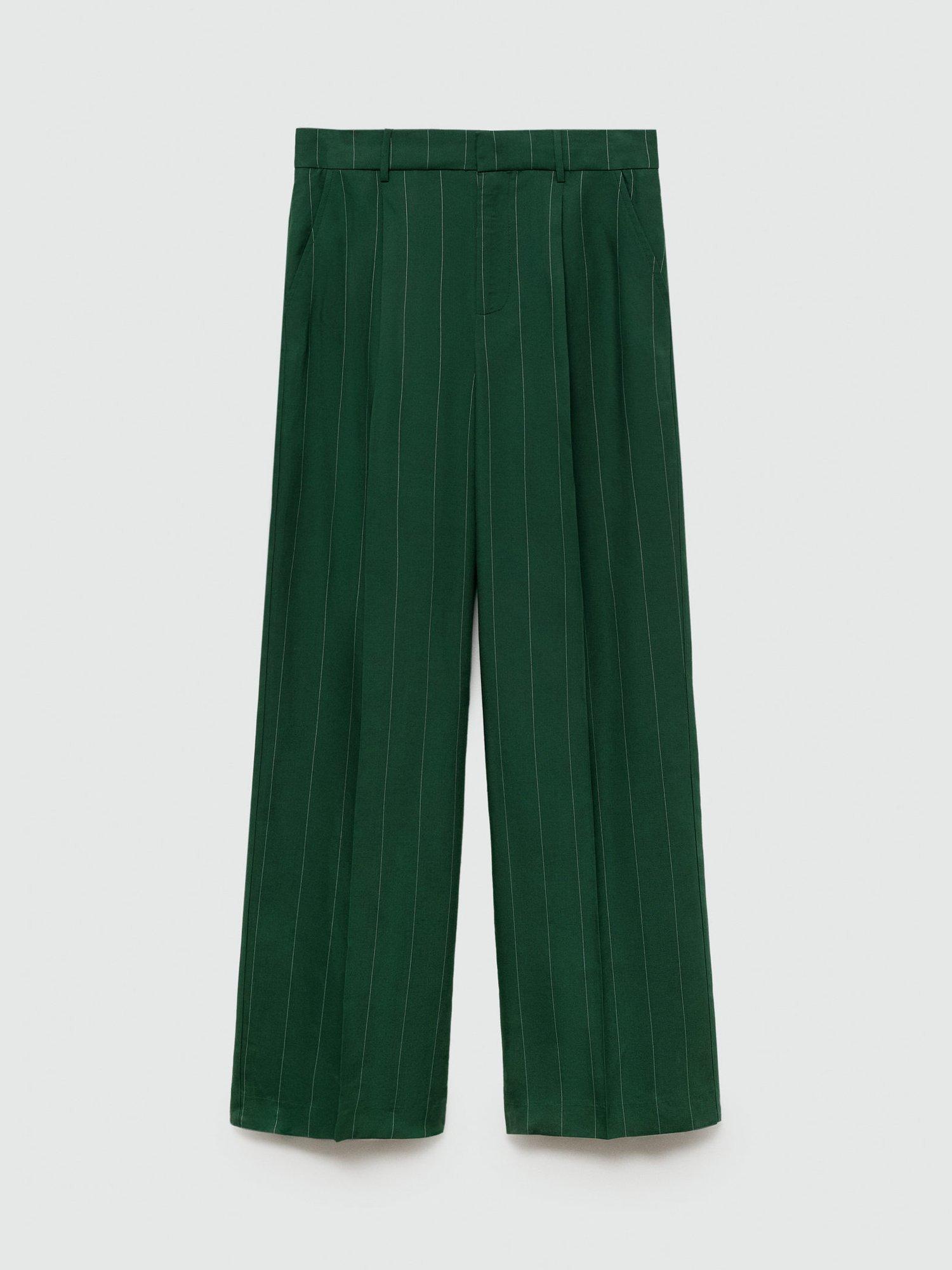 Product image 3 of 8, which shows Mango Boing Wide Leg Pinstripe Trousers, Green, 10