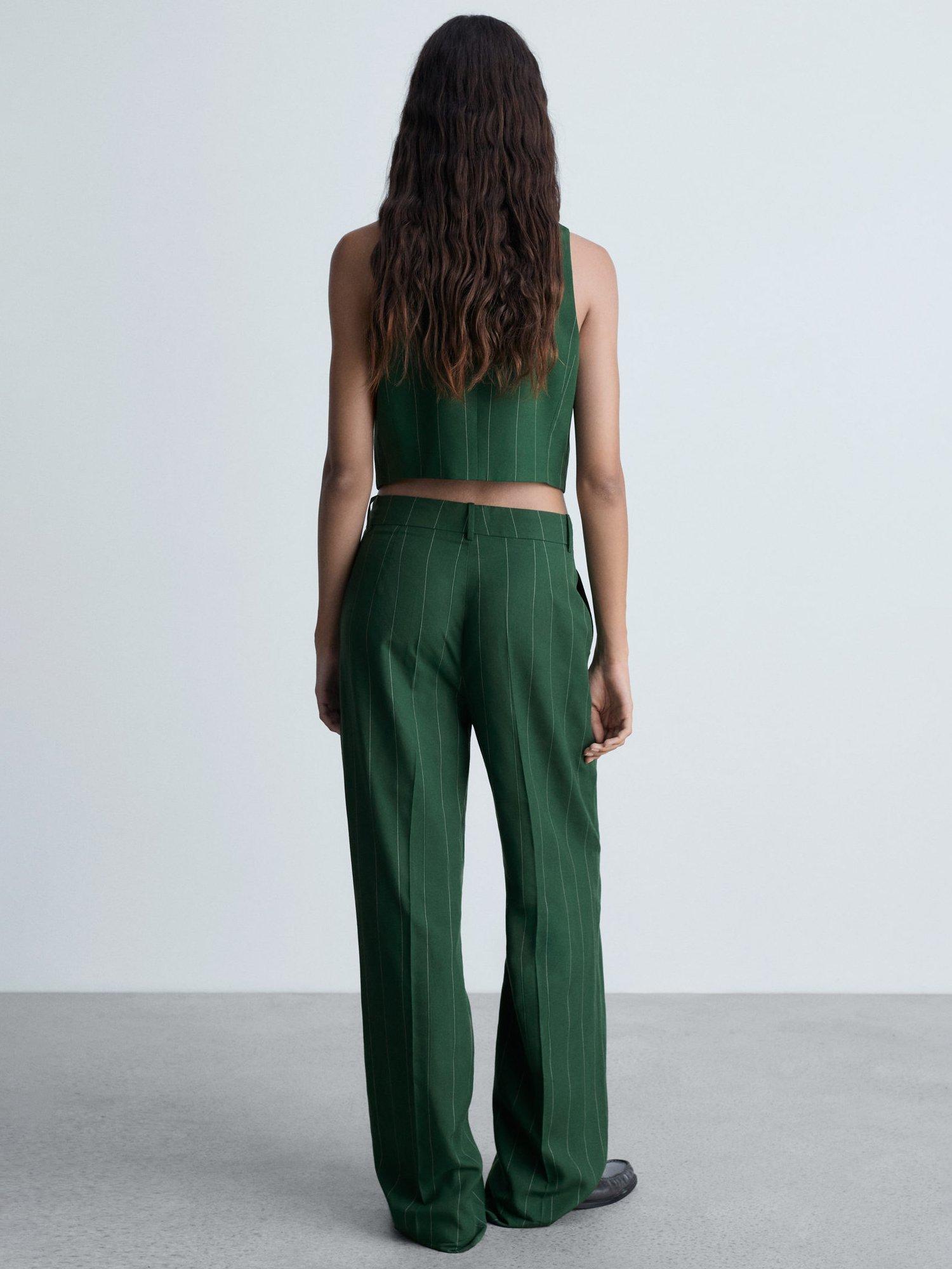 Product image 4 of 8, which shows Mango Boing Wide Leg Pinstripe Trousers, Green, 10