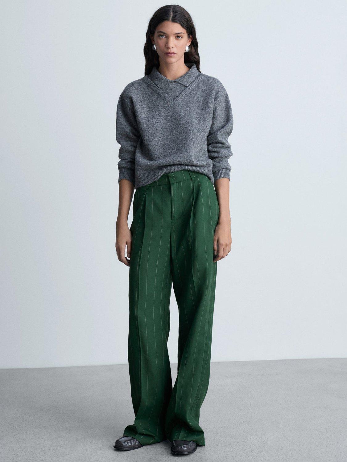 Product image 7 of 8, which shows Mango Boing Wide Leg Pinstripe Trousers, Green, 10
