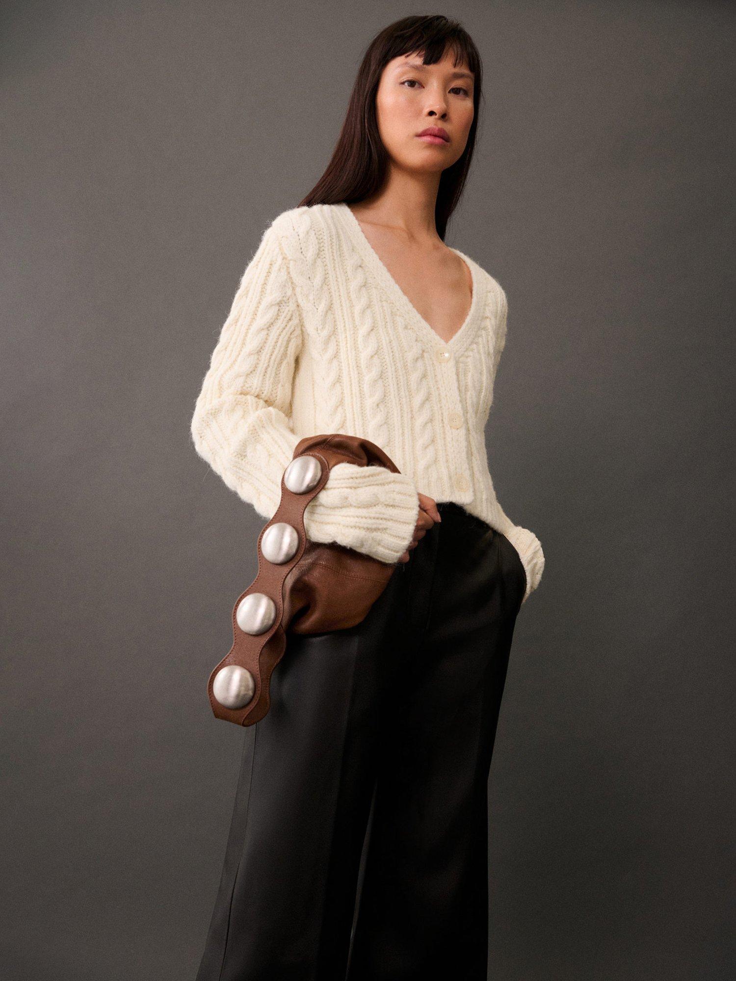 Mango Trenzi Cable Knit Cardigan, Ivory