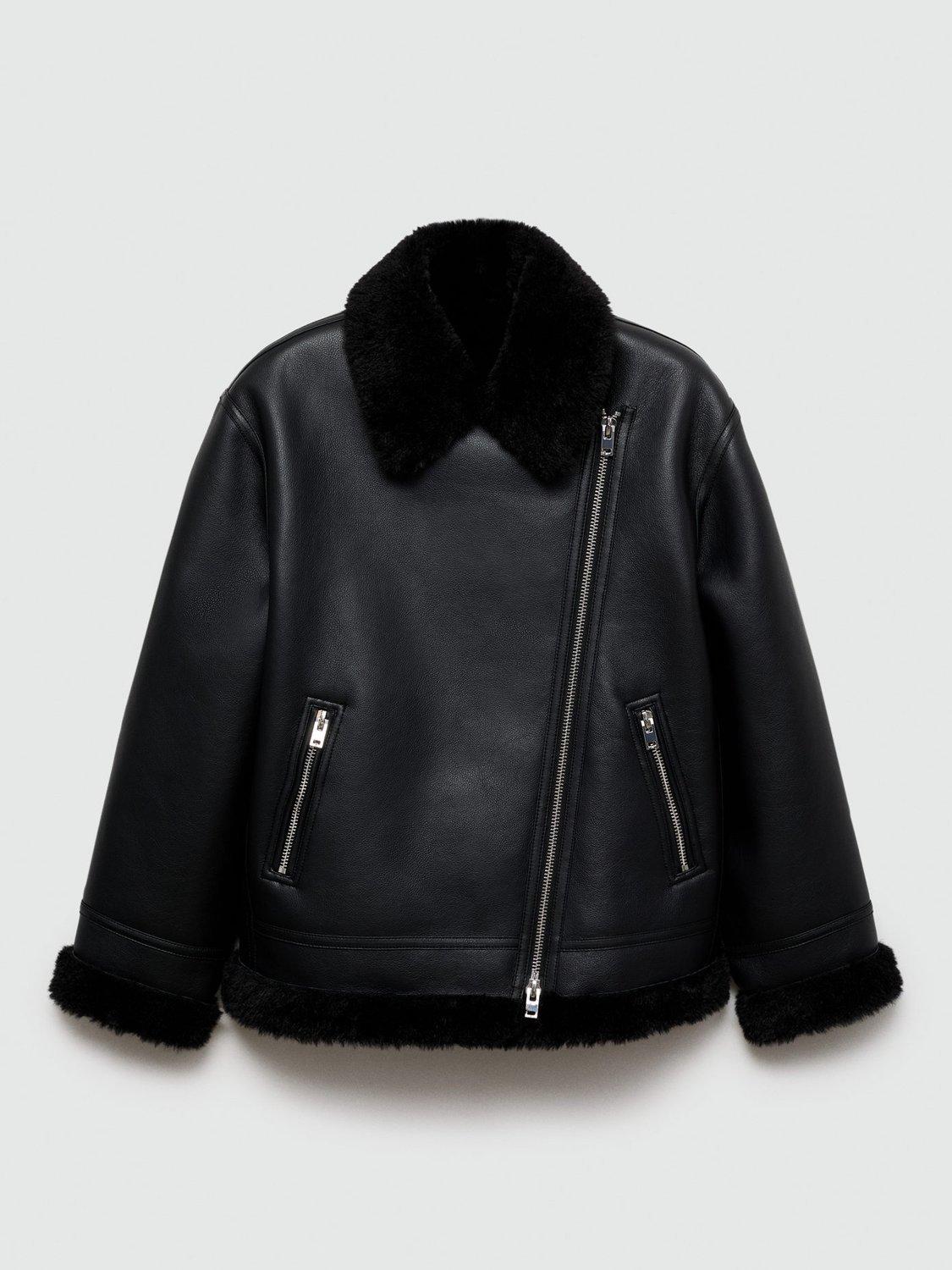 Product image 3 of 7, which shows Mango Adri Faux Leather Oversized Biker Jacket, Black, M
