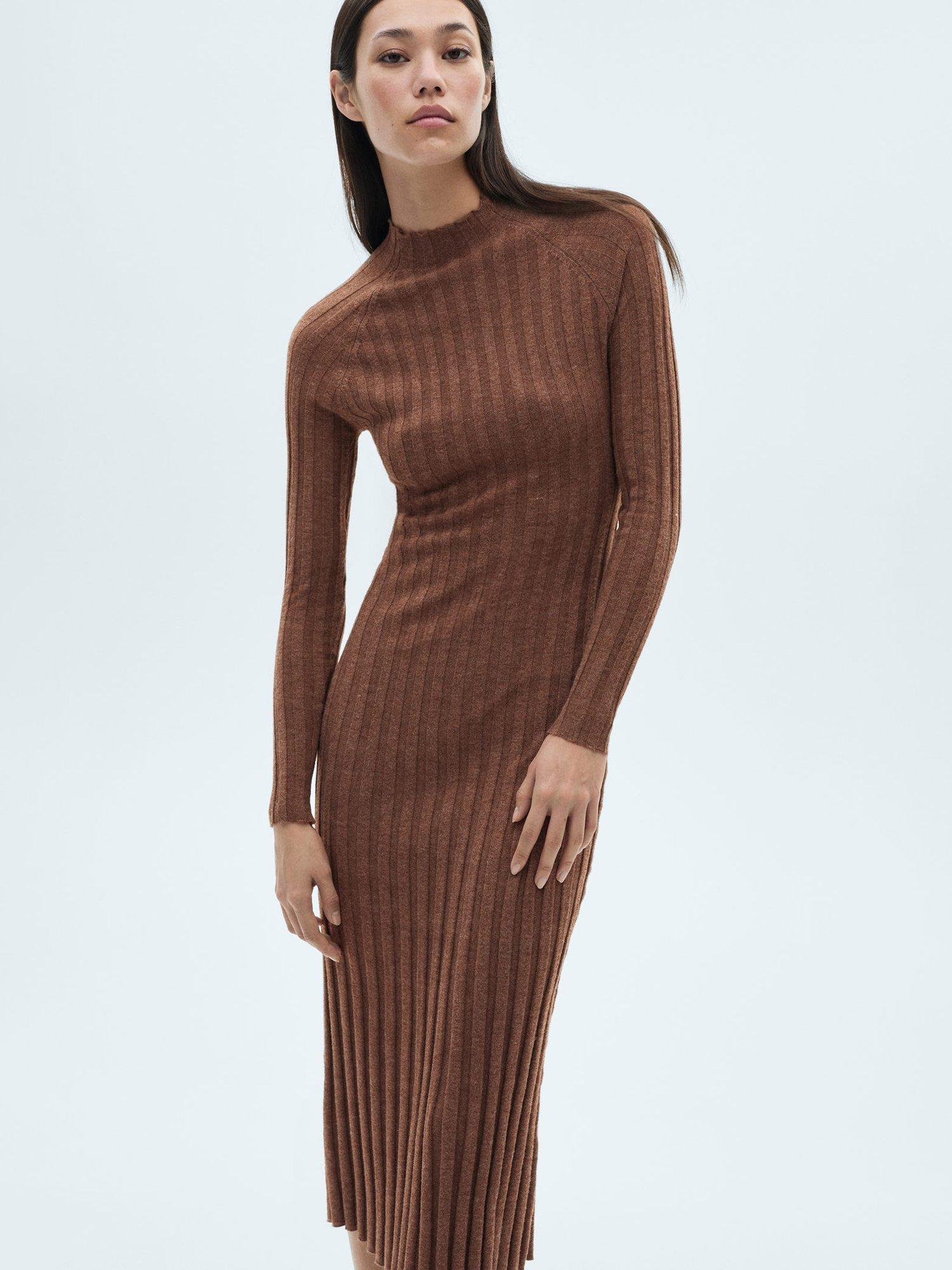 Mango Flurry Ribbed Dress, Brown