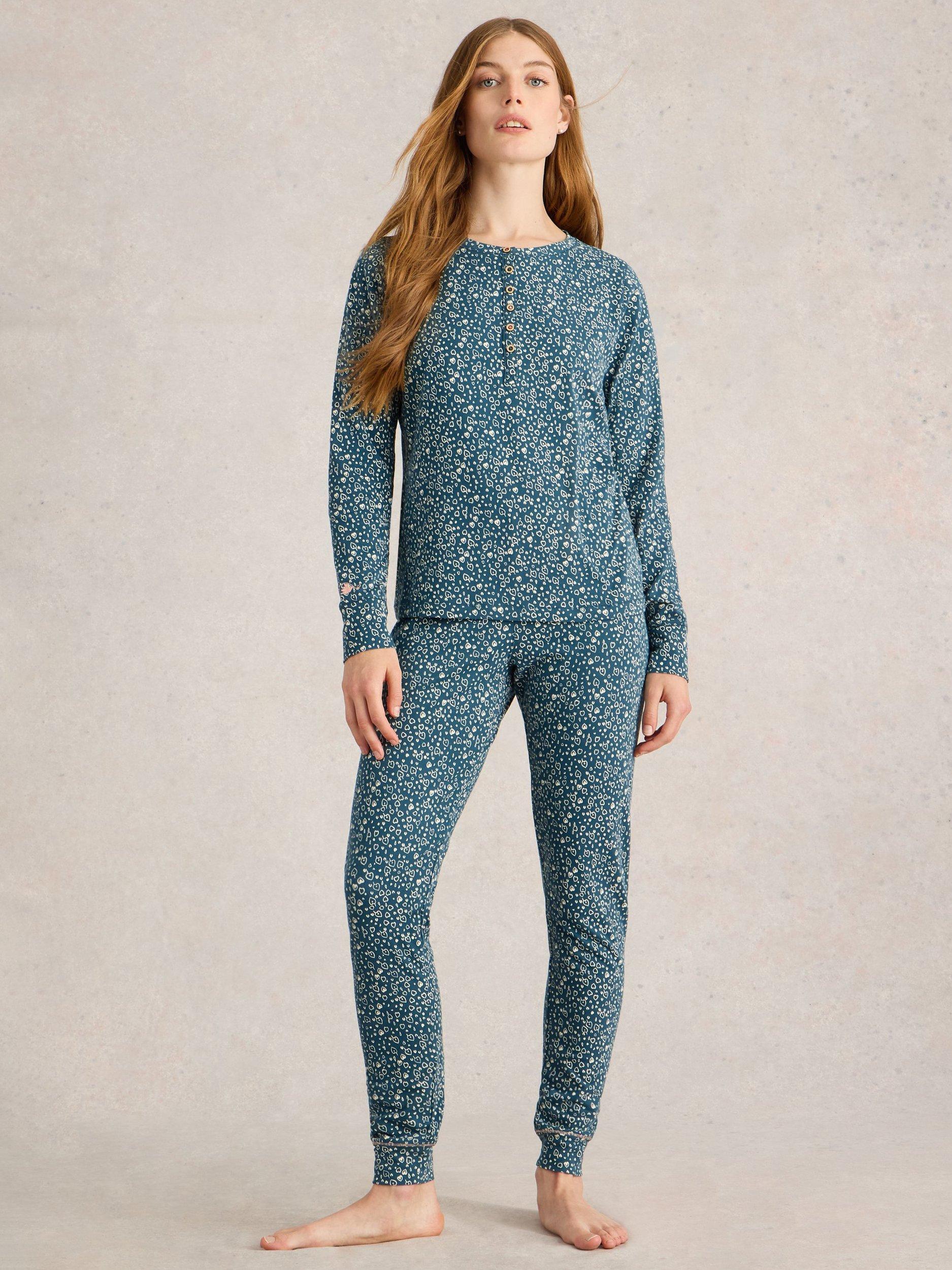 White Stuff Hailey Print Organic Cotton Blend Pyjama Top, Teal/Multi