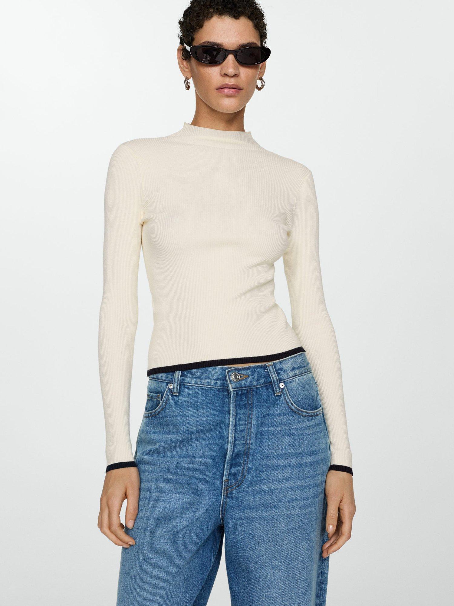 Mango Depaul Contrast Tipped Jumper, Light Beige
