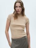 Mango Goletis Fine Knit Rib Short Sleeve Jumper, Beige