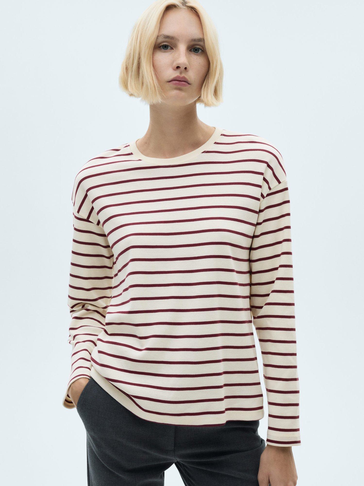 Mango Tara Cotton Stripe Sweatshirt, Ivory/Burgundy