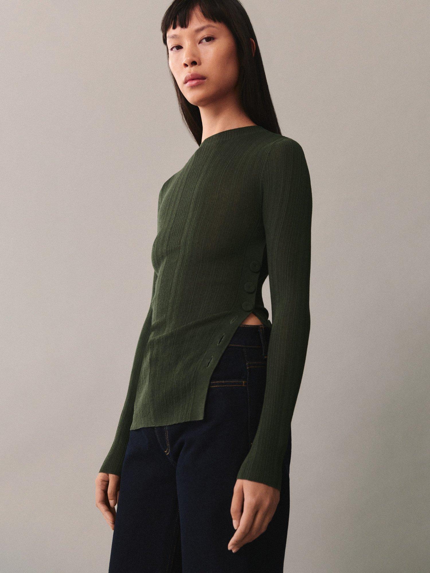 Product image 1 of 7, which shows Mango Valle Slim Fit Split Hem Jumper, Dark Green, XS