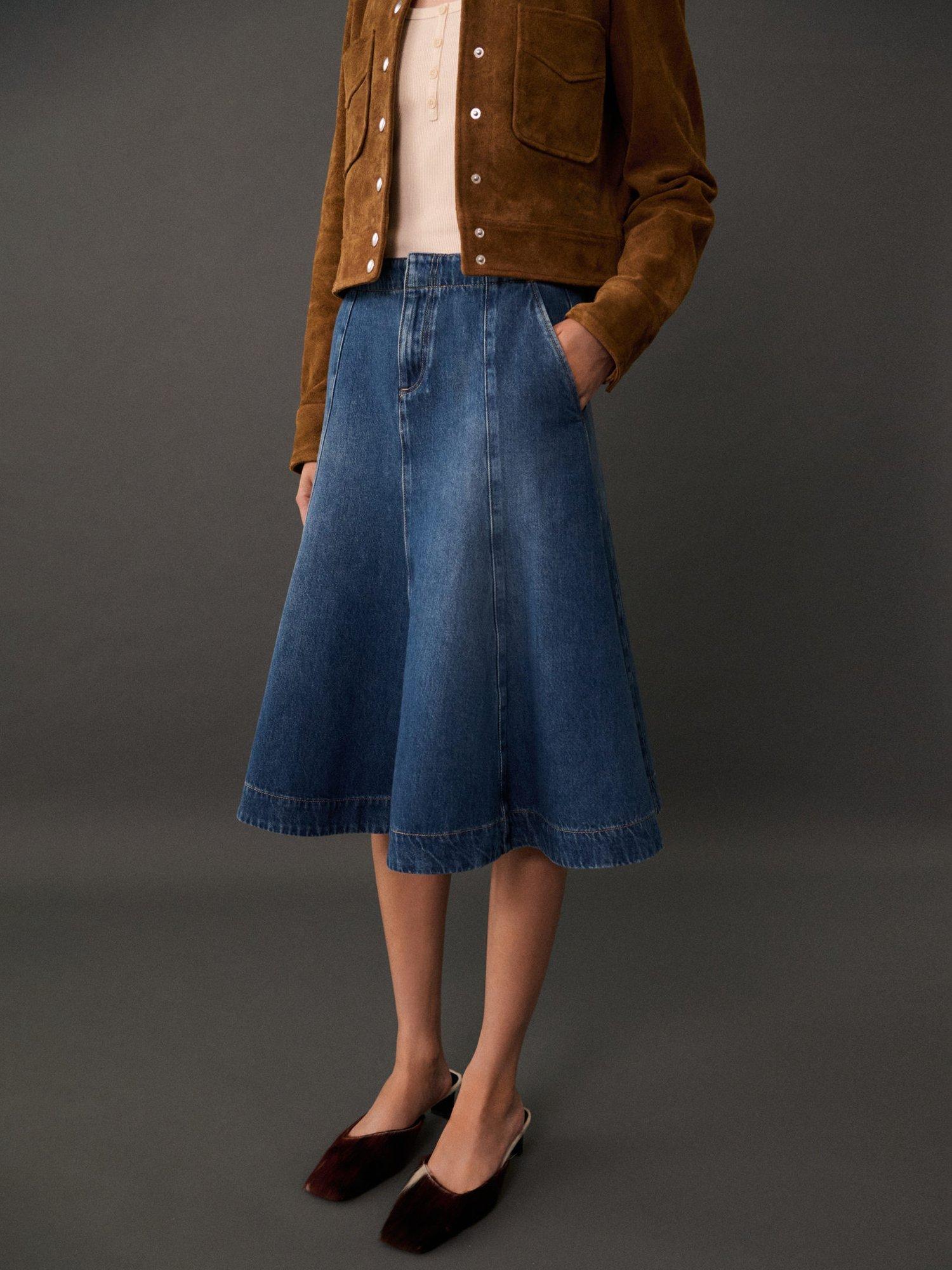 Mango Camilla Flared Denim Skirt, Open Blue