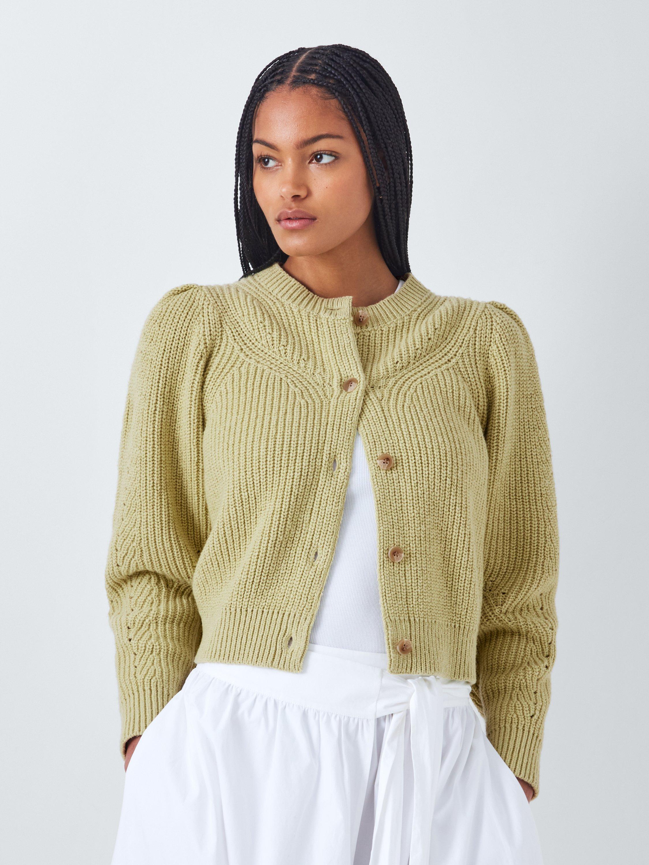 Product image 1 of 6, which shows John Lewis Rib Knit Wool Cotton Blend Cardigan, Green, 18