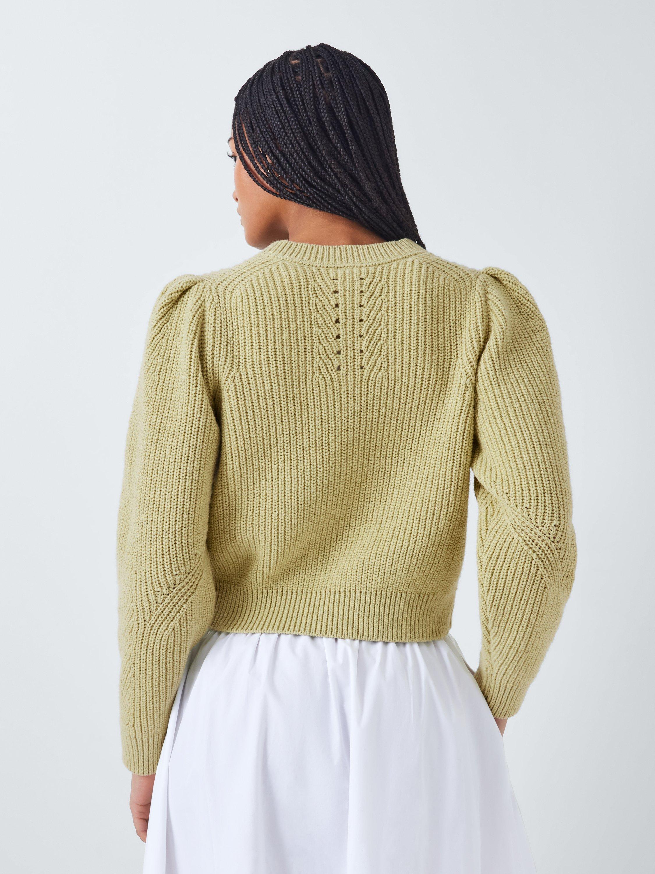 Product image 2 of 6, which shows John Lewis Rib Knit Wool Cotton Blend Cardigan, Green, 18