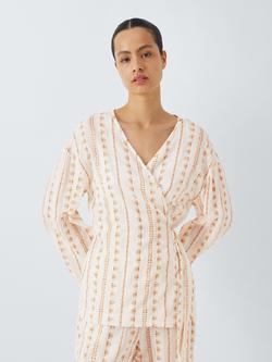 AND/OR Corfu Stripe Wrap Pyjama Top, Ivory/Peach, Ivory/Peach