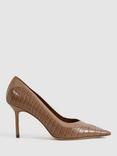 Reiss Gwyneth Croc Effect Leather Stiletto Court Shoes, Taupe