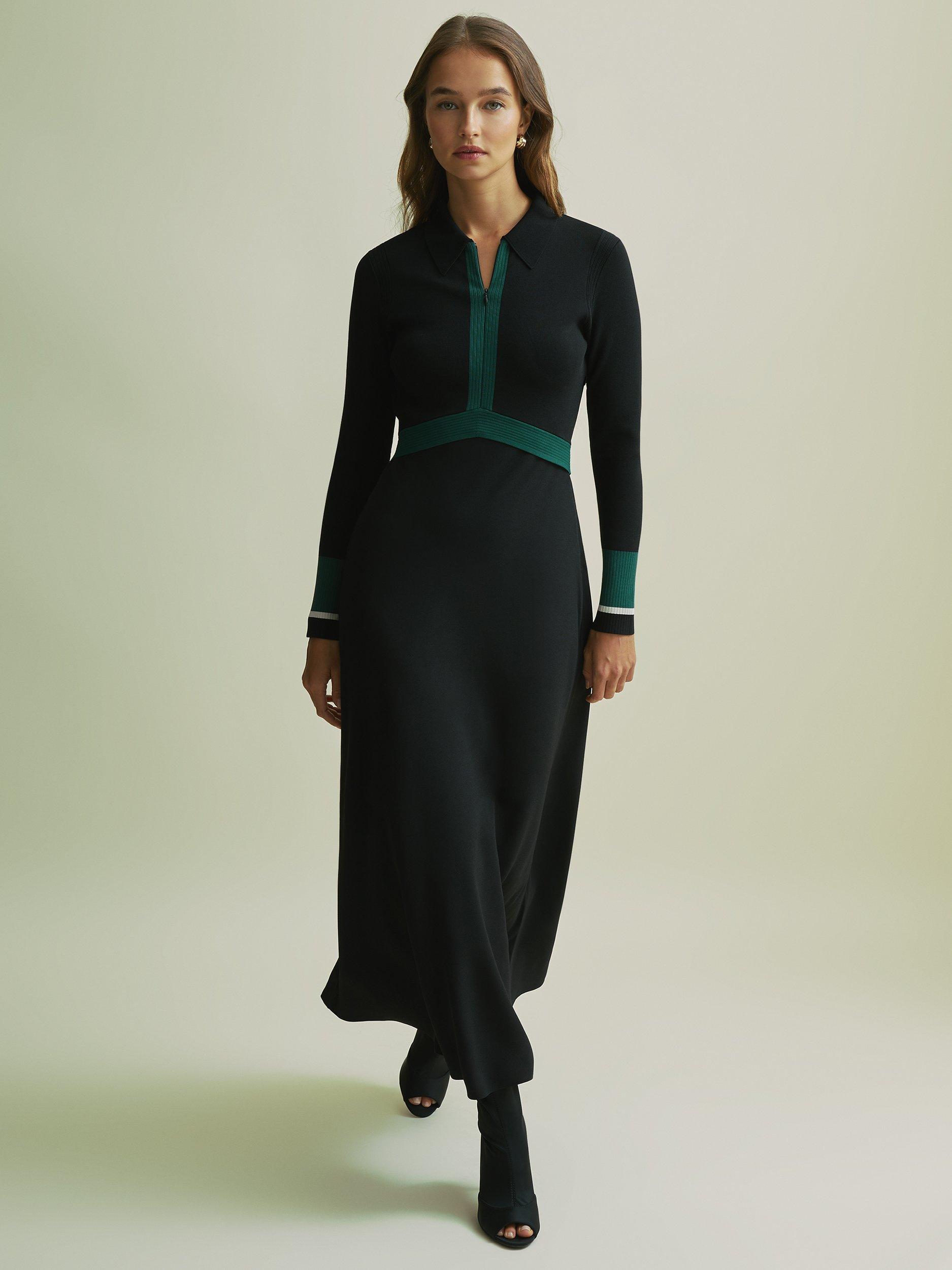 FLORERE Knit Woven Zip Midi Dress, Black