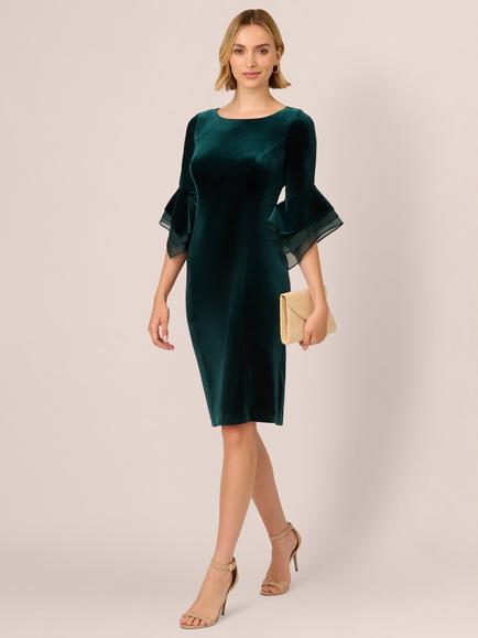 Adrianna Papell Velvet Bell Sleeve Dress, Hunter - view 2, Hunter