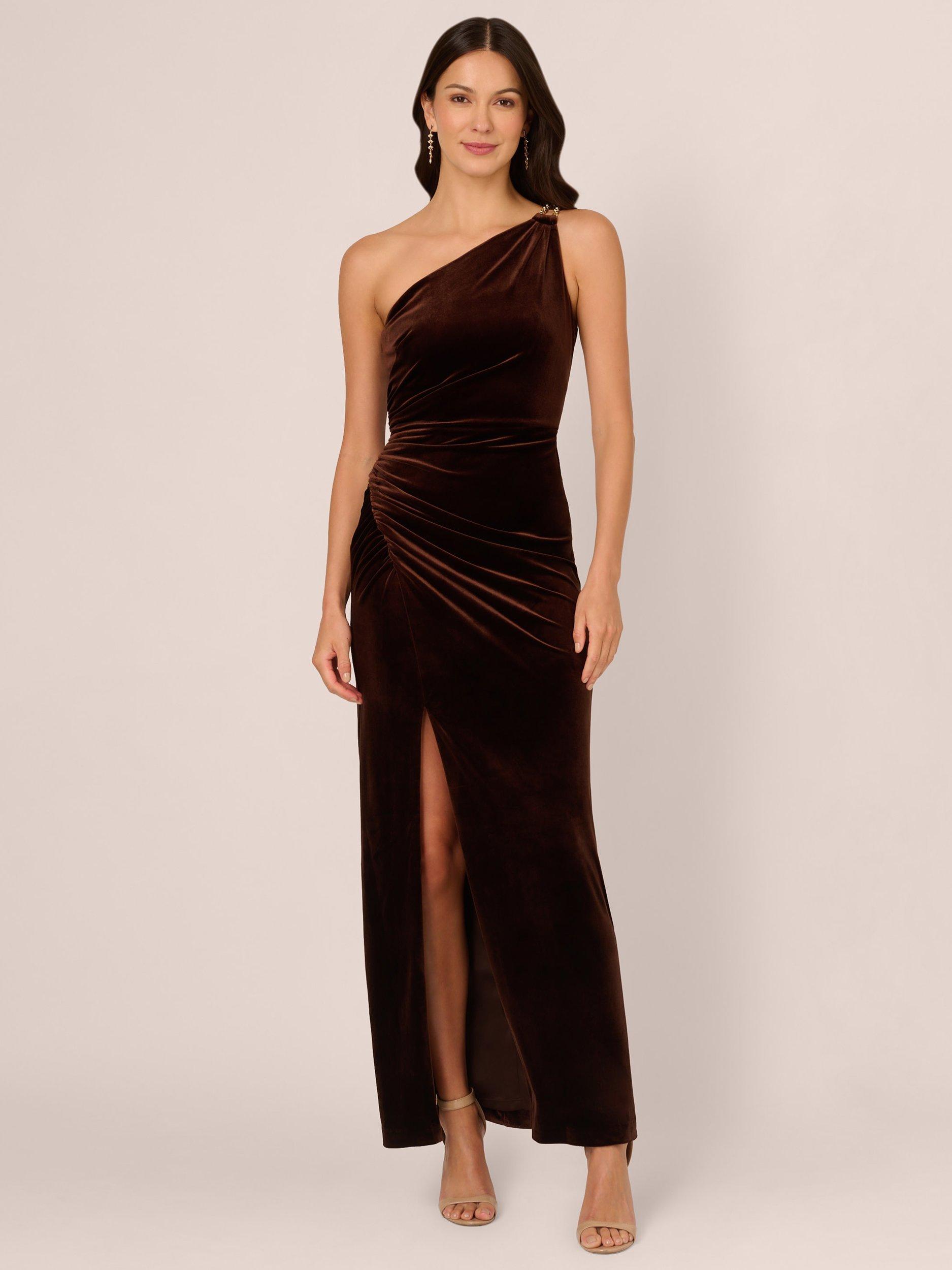 Adrianna Papell Velvet Asymmetric Dress Dark Brown