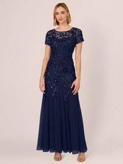 Adrianna Papell Floral Beaded Maxi Dress, Light Navy, Light Navy