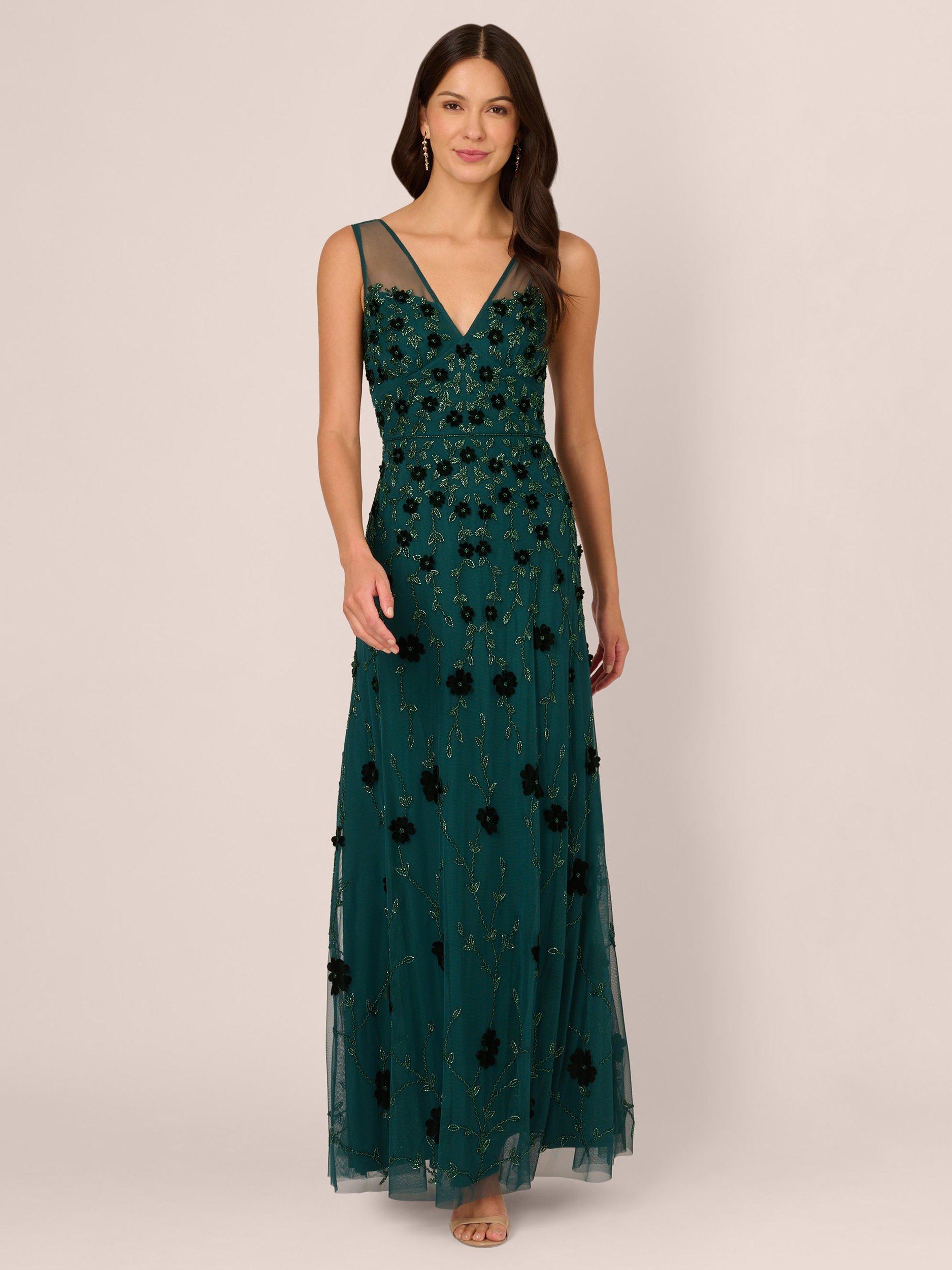 Adrianna Papell Bead Mesh Illusion Dress Gem Green